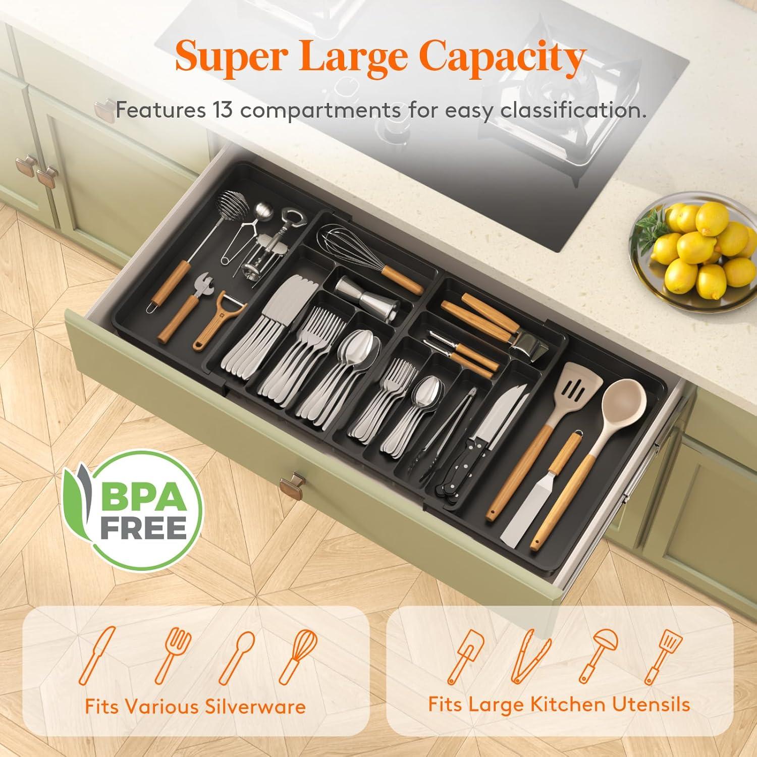 image:imageLifewit Silverware Drawer Organizer Expandable BPA Free Plastic Utensil Tray for Kitchen Adjustable Flatware Cutlery Holder for Spoons Forks Knives 21336 x 169 BlackBlack
