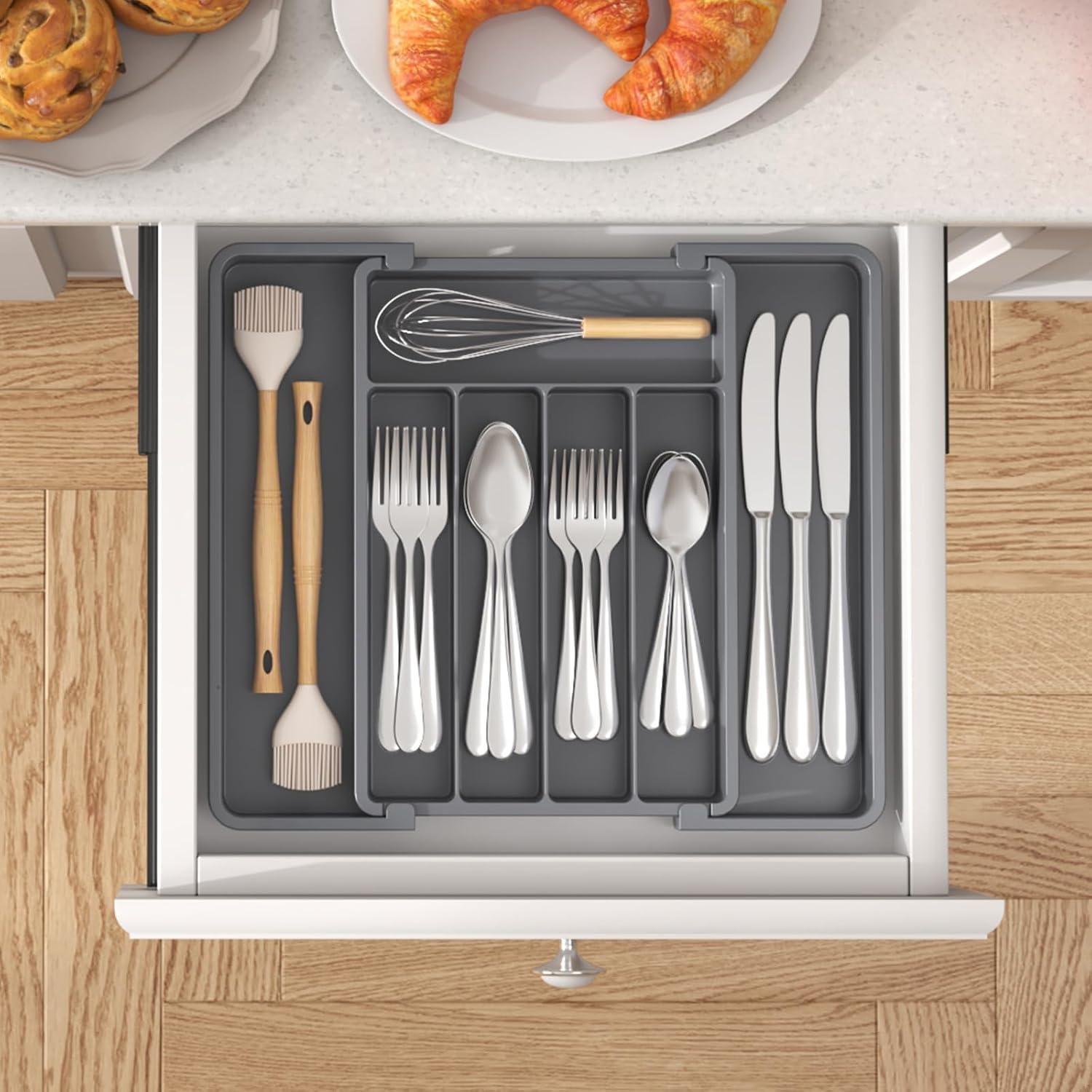 image:imageLifewit Silverware Drawer Organizer Expandable Utensil Tray for Kitchen BPA Free Flatware and Cutlery Holder Adjustable Plastic Storage for Spoons Forks Knives 1322 x 15 BlackDark Gray