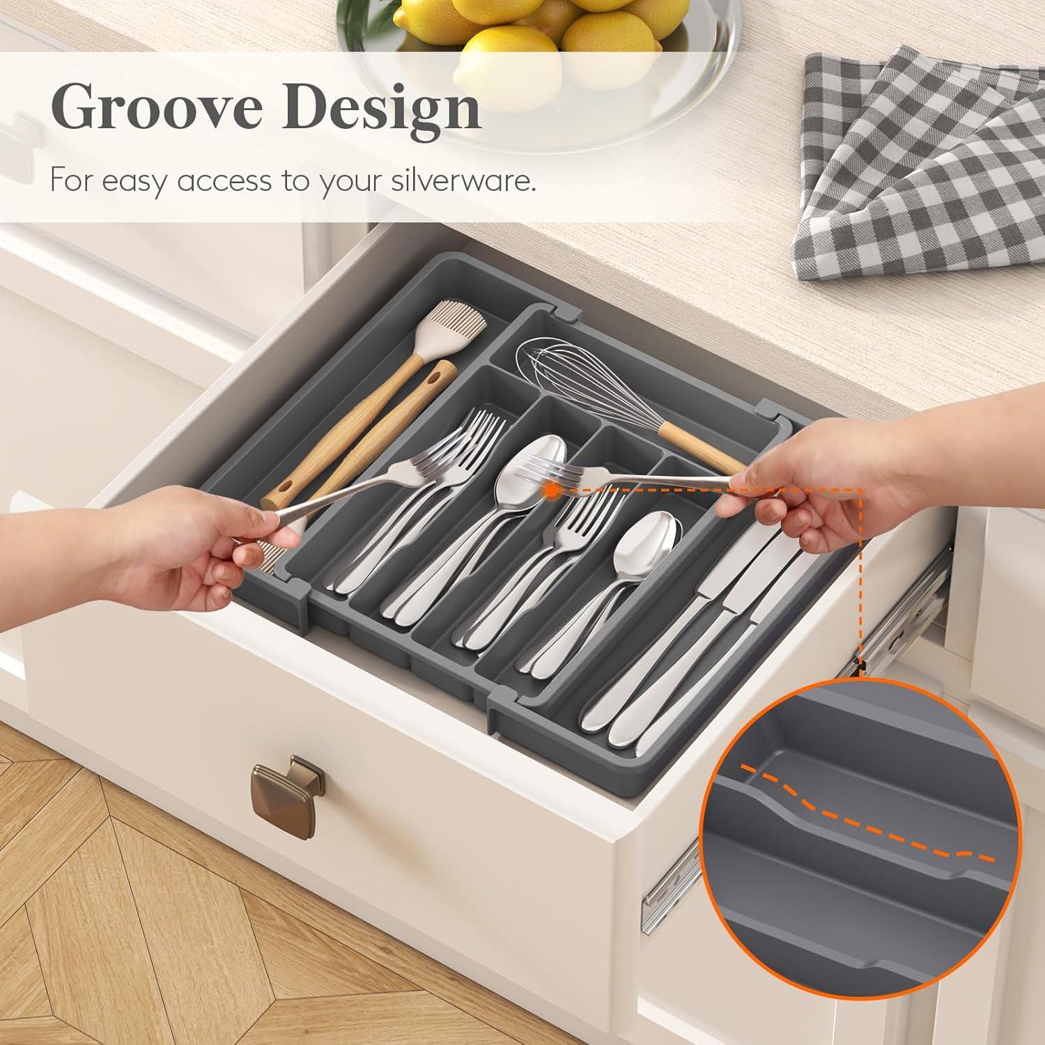 image:imageLifewit Silverware Drawer Organizer Expandable Utensil Tray for Kitchen BPA Free Flatware and Cutlery Holder Adjustable Plastic Storage for Spoons Forks Knives 1322 x 15 BlackDark Gray