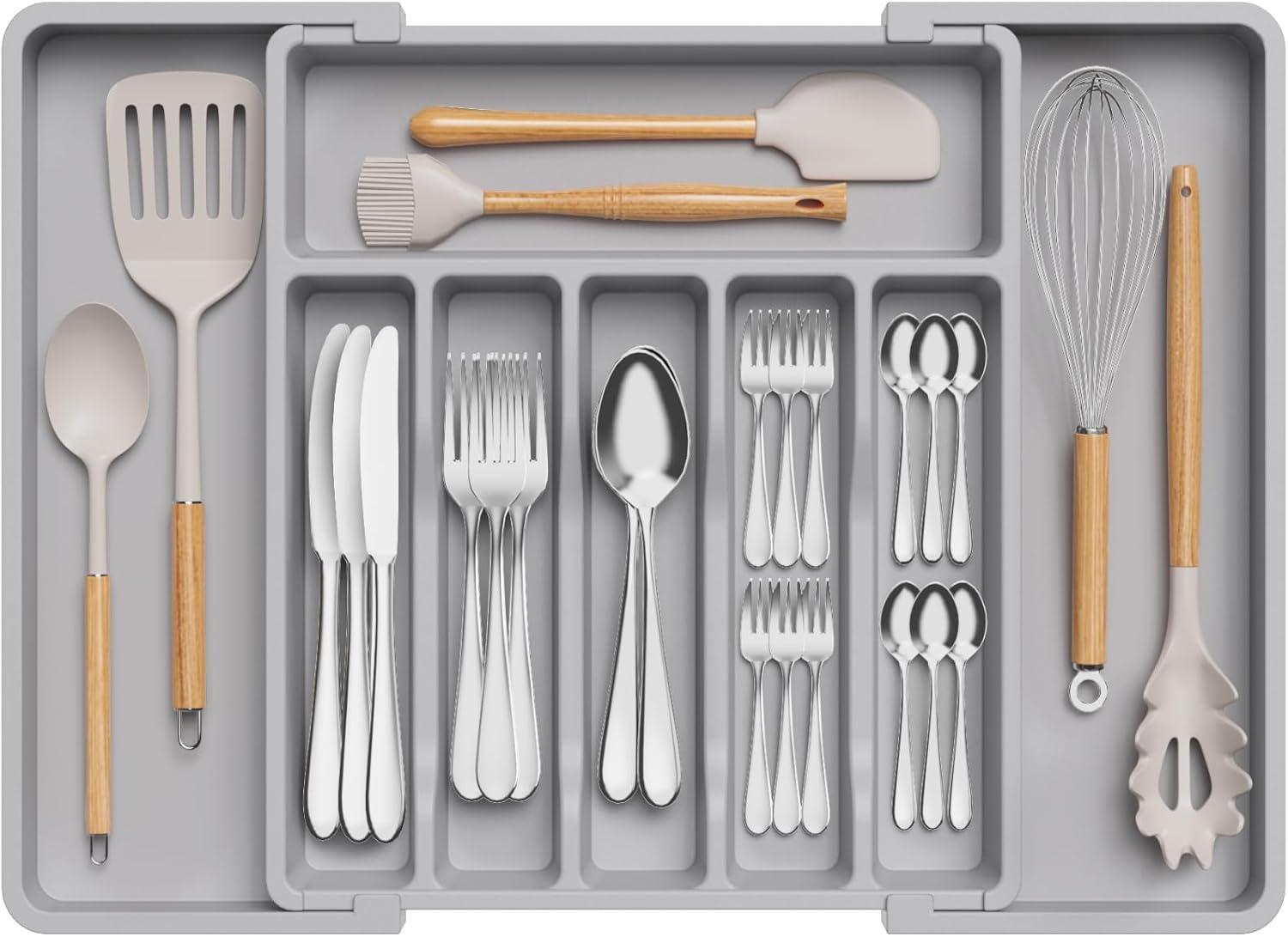 image:imageLifewit Silverware Drawer Organizer Expandable Utensil Tray for Kitchen BPA Free Flatware and Cutlery Holder Adjustable Plastic Storage for Spoons Forks Knives 1322 x 15 BlackGray