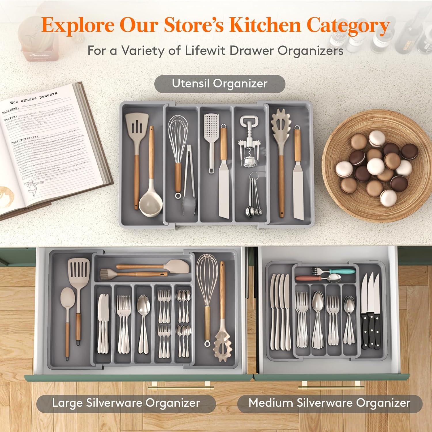 image:imageLifewit Silverware Drawer Organizer Expandable Utensil Tray for Kitchen BPA Free Flatware and Cutlery Holder Adjustable Plastic Storage for Spoons Forks Knives 1322 x 15 BlackGray