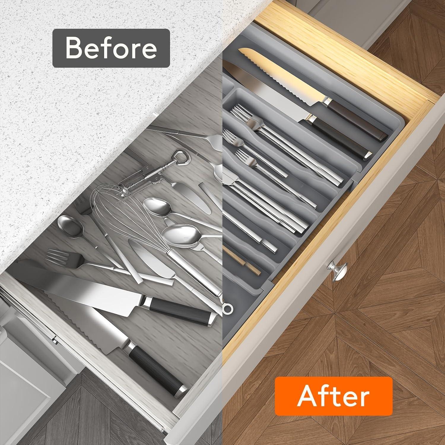 image:imageLifewit Silverware Drawer Organizer Expandable Utensil Tray for Kitchen BPA Free Flatware and Cutlery Holder Adjustable Plastic Storage for Spoons Forks Knives 1322 x 15 BlackGray