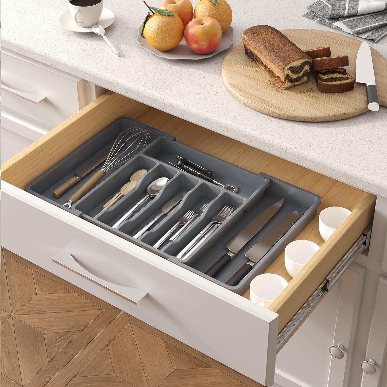 image:imageLifewit Silverware Drawer Organizer Expandable Utensil Tray for Kitchen BPA Free Flatware and Cutlery Holder Adjustable Plastic Storage for Spoons Forks Knives 1322 x 15 BlackDark Gray