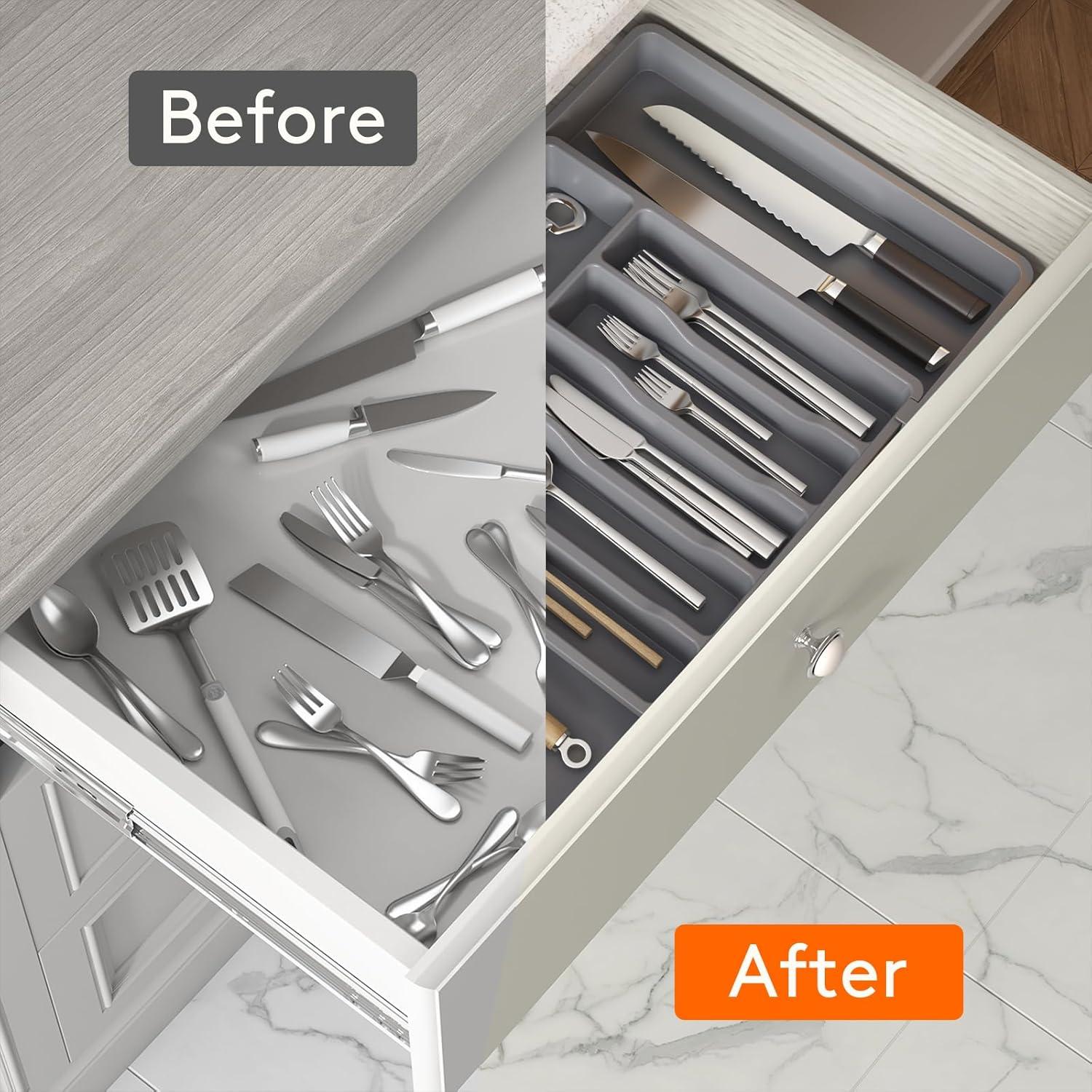 image:imageLifewit Silverware Drawer Organizer Expandable Utensil Tray for Kitchen BPA Free Flatware and Cutlery Holder Adjustable Plastic Storage for Spoons Forks Knives 1322 x 15 BlackDark Gray