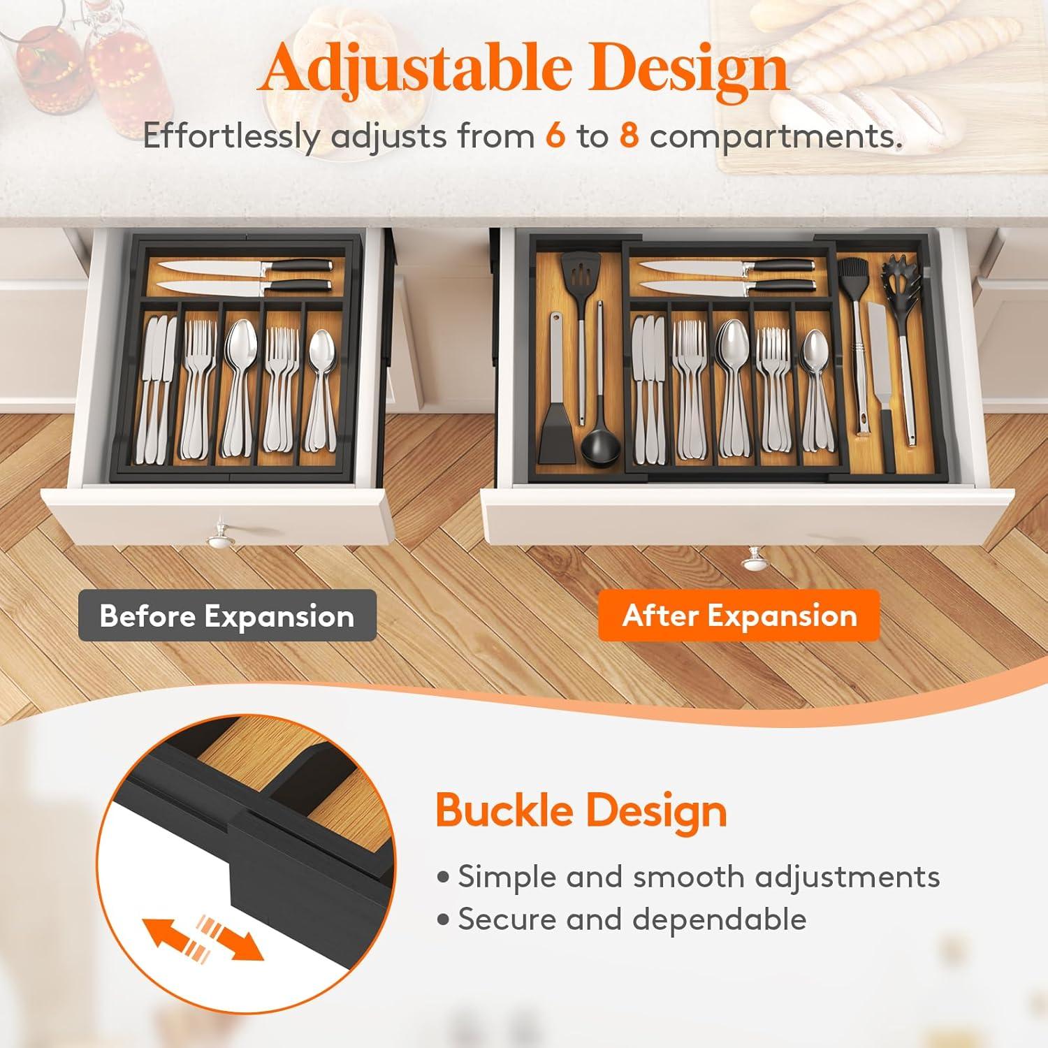 image:imageLifewit Silverware Drawer Organizer Expandable Utensil Tray for Kitchen Bamboo Flatware and Cutlery Holder Wood Adjustable Storage for Spoons Forks Knives 1322x15 3356x38cm Natural and BlackNatural Black