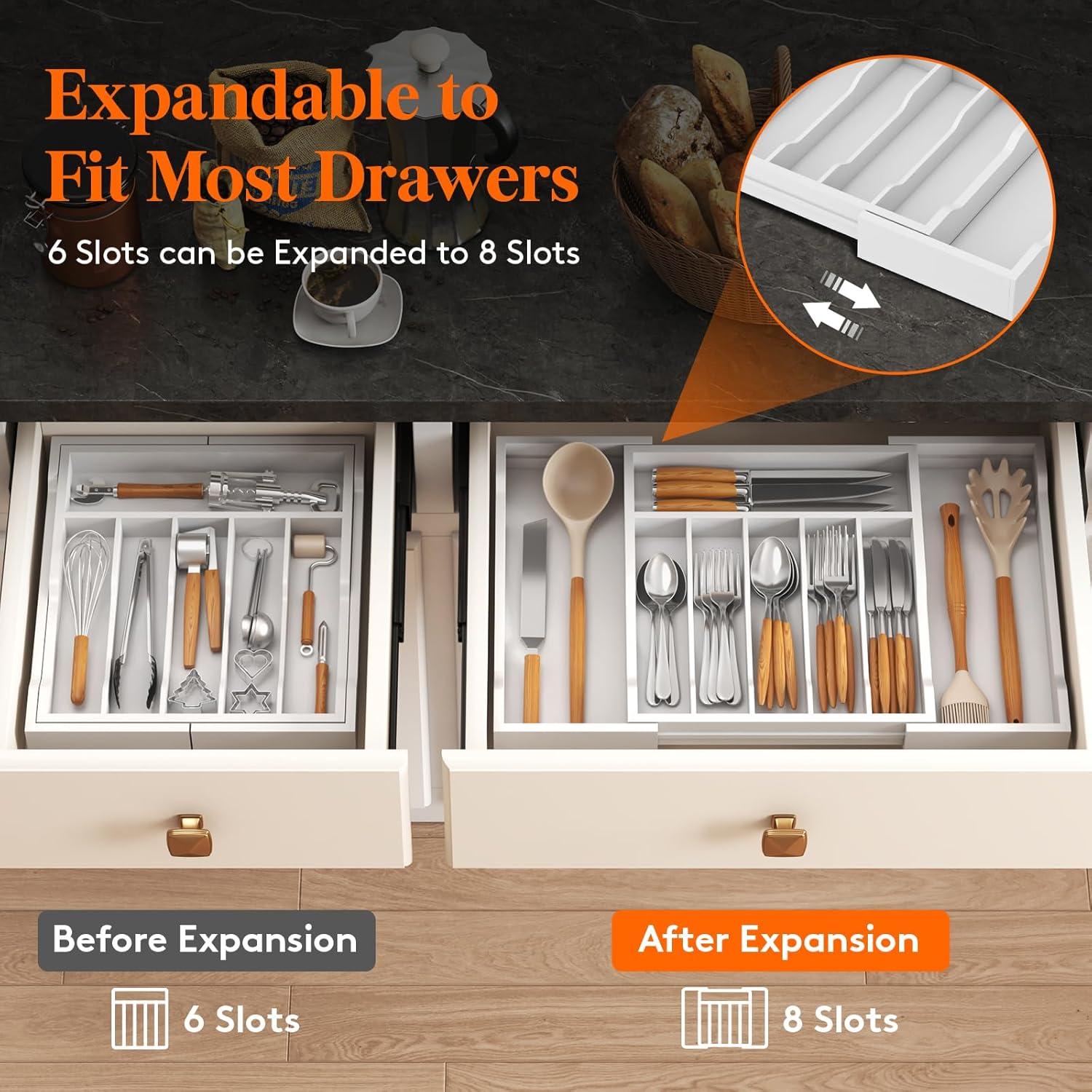image:imageLifewit Silverware Drawer Organizer Expandable Utensil Tray for Kitchen Bamboo Flatware and Cutlery Holder Wood Adjustable Storage for Spoons Forks Knives 1322x15 3356x38cm Natural and BlackWhite