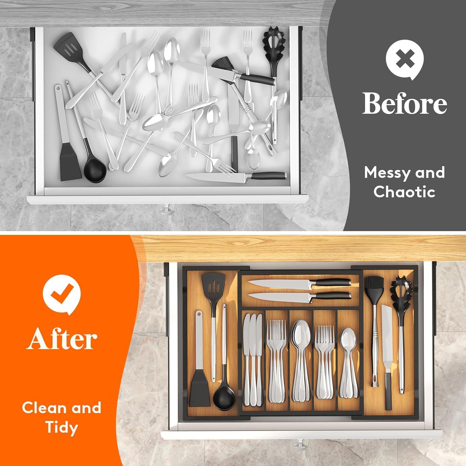 image:imageLifewit Silverware Drawer Organizer Expandable Utensil Tray for Kitchen Bamboo Flatware and Cutlery Holder Wood Adjustable Storage for Spoons Forks Knives 1322x15 3356x38cm Natural and BlackNatural Black