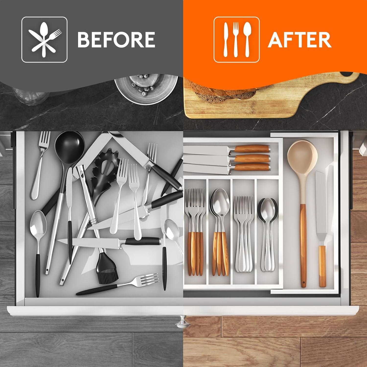image:imageLifewit Silverware Drawer Organizer Expandable Utensil Tray for Kitchen Bamboo Flatware and Cutlery Holder Wood Adjustable Storage for Spoons Forks Knives 1322x15 3356x38cm Natural and BlackWhite