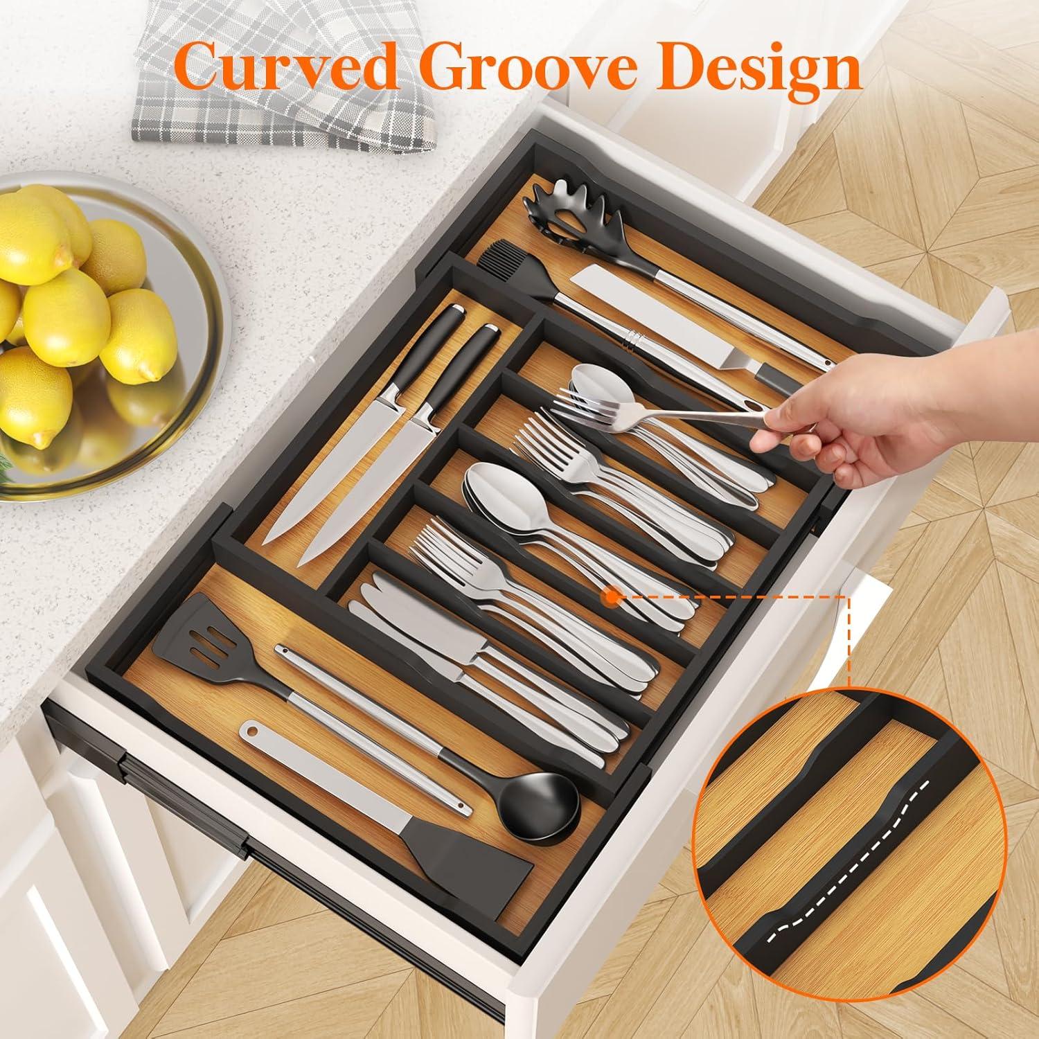 image:imageLifewit Silverware Drawer Organizer Expandable Utensil Tray for Kitchen Bamboo Flatware and Cutlery Holder Wood Adjustable Storage for Spoons Forks Knives 1322x15 3356x38cm Natural and BlackNatural Black