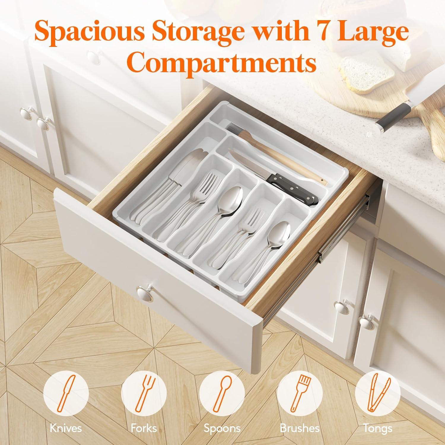 image:imageLifewit Silverware Drawer Organizer Tray Plastic Cutlery Storage for Kitchen Flatware and Utensil Holder Divider for Spoons Forks Knives Tableware 123 x 16 7 Slots BlackWhite