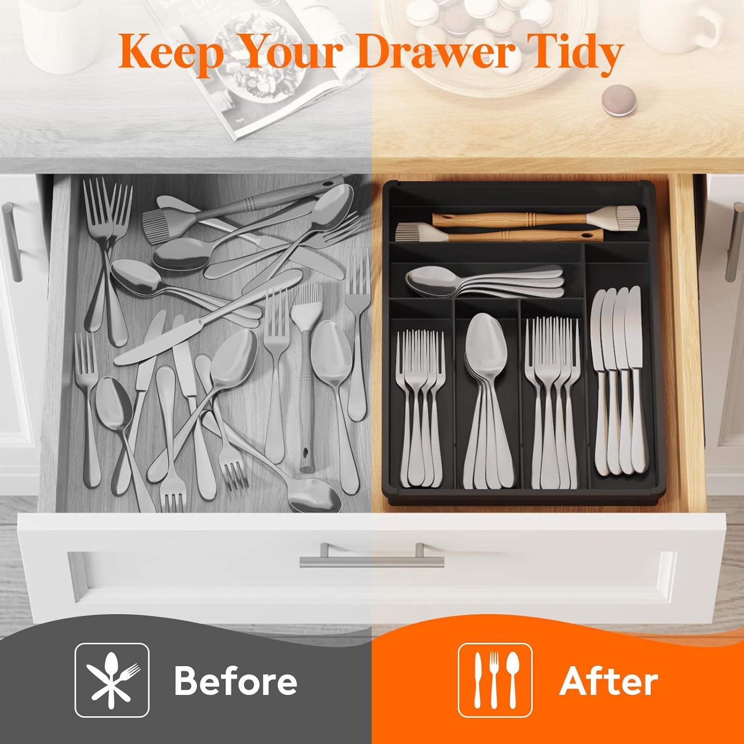 image:imageLifewit Silverware Drawer Organizer Tray Plastic Cutlery Storage for Kitchen Flatware and Utensil Holder Divider for Spoons Forks Knives Tableware 123 x 16 7 Slots BlackBlack