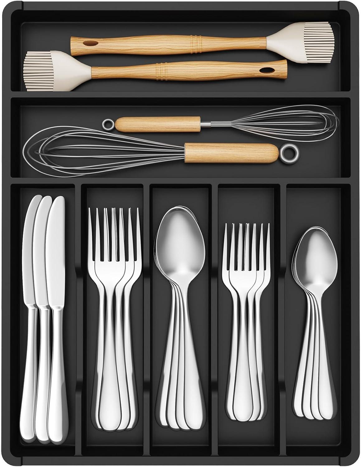 image:imageLifewit Silverware Drawer Organizer Tray Plastic Cutlery Storage for Kitchen Flatware and Utensil Holder Divider for Spoons Forks Knives Tableware 123 x 16 7 Slots BlackBlack