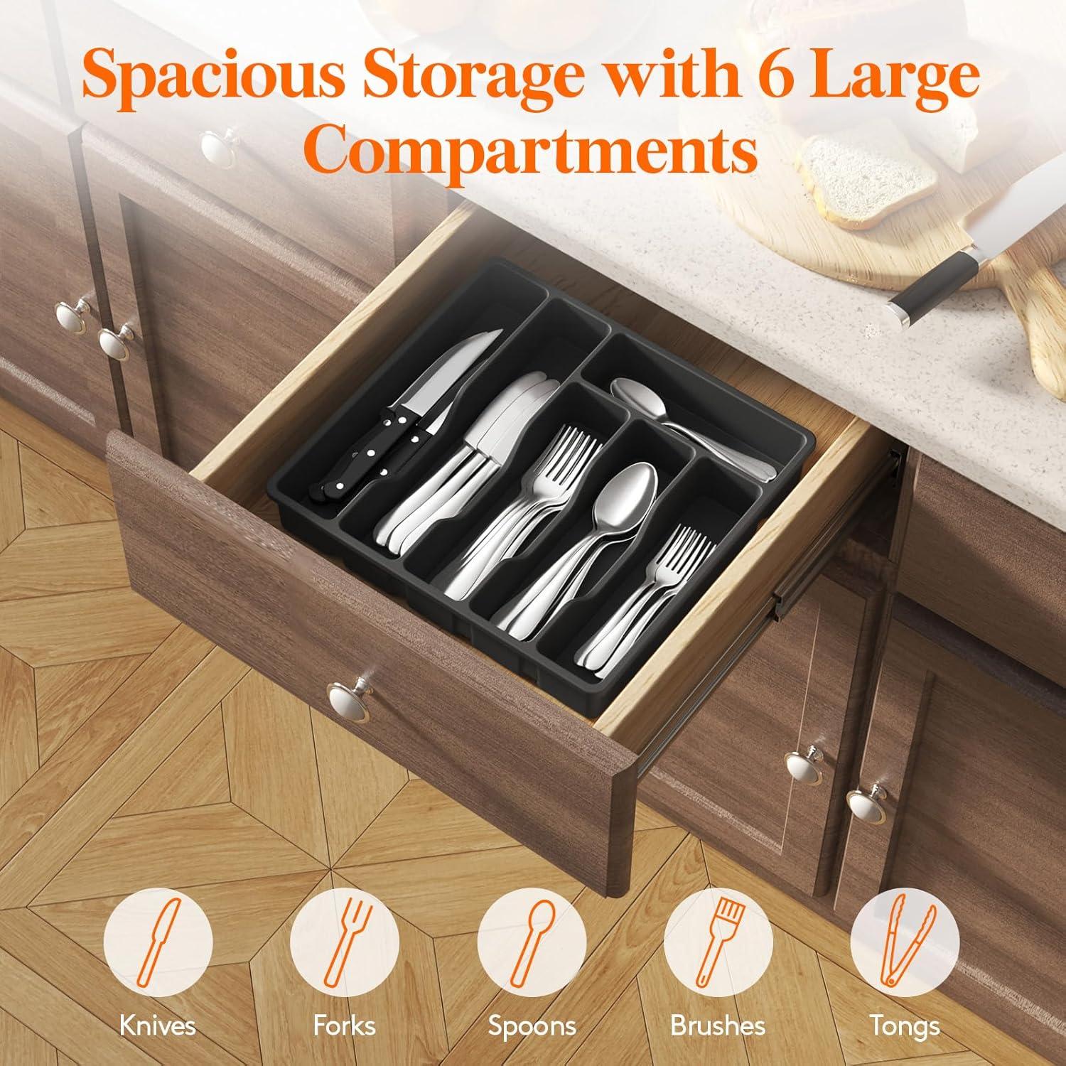 image:imageLifewit Silverware Drawer Organizer Tray Plastic Cutlery Storage for Kitchen Flatware and Utensil Holder Divider for Spoons Forks Knives Tableware 123 x 16 7 Slots BlackBlack