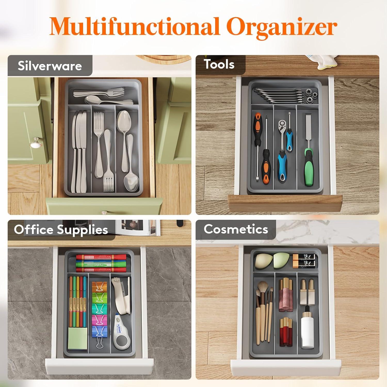 image:imageLifewit Silverware Drawer Organizer Tray Plastic Cutlery Storage for Kitchen Flatware and Utensil Holder Divider for Spoons Forks Knives Tableware 123 x 16 7 Slots BlackGray