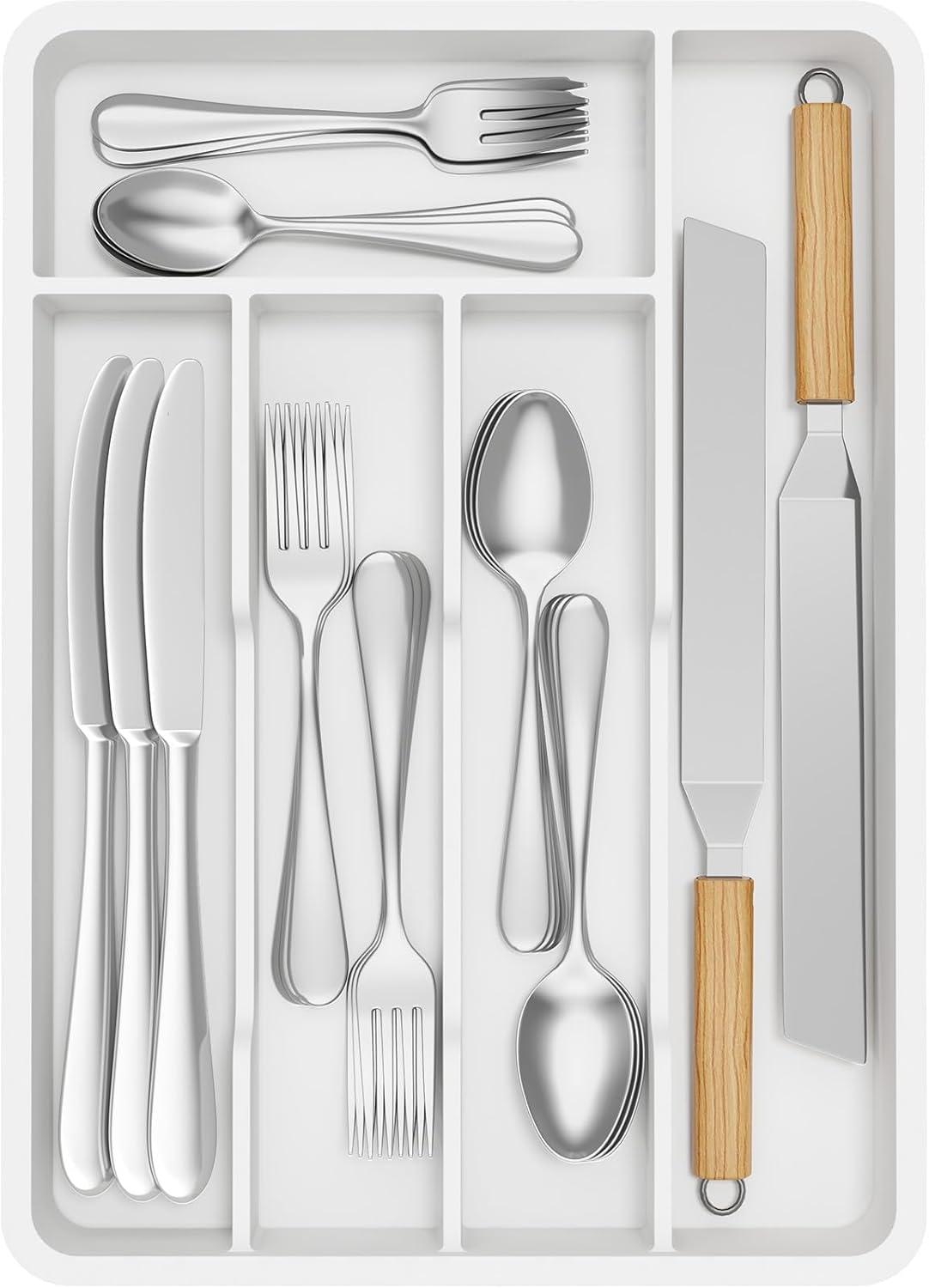 image:imageLifewit Silverware Drawer Organizer Tray Plastic Cutlery Storage for Kitchen Flatware and Utensil Holder Divider for Spoons Forks Knives Tableware 123 x 16 7 Slots BlackWhite
