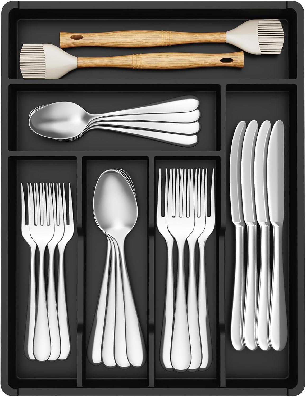 image:imageLifewit Silverware Drawer Organizer Tray Plastic Cutlery Storage for Kitchen Flatware and Utensil Holder Divider for Spoons Forks Knives Tableware 123 x 16 7 Slots BlackBlack