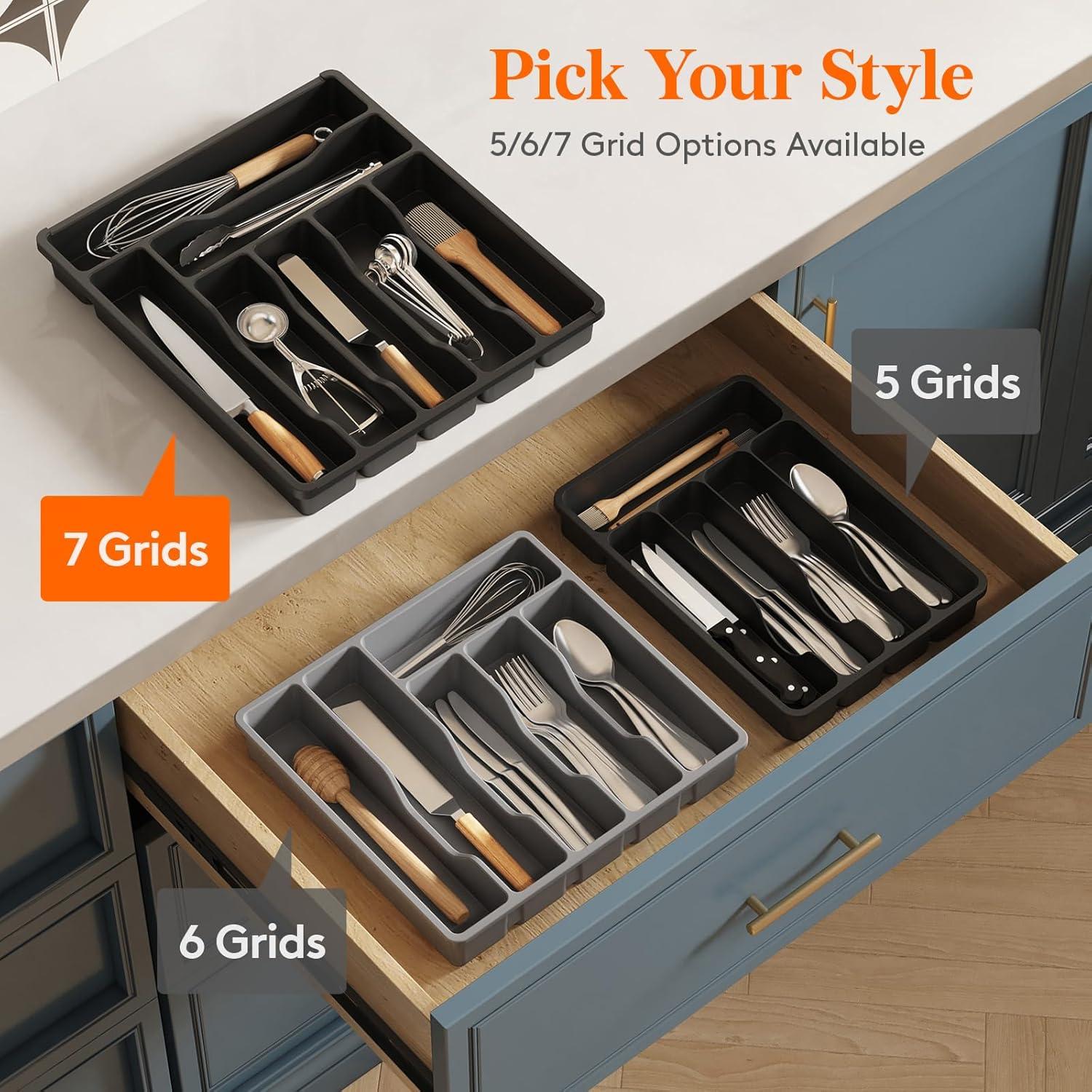 image:imageLifewit Silverware Drawer Organizer Tray Plastic Cutlery Storage for Kitchen Flatware and Utensil Holder Divider for Spoons Forks Knives Tableware 123 x 16 7 Slots BlackBlack