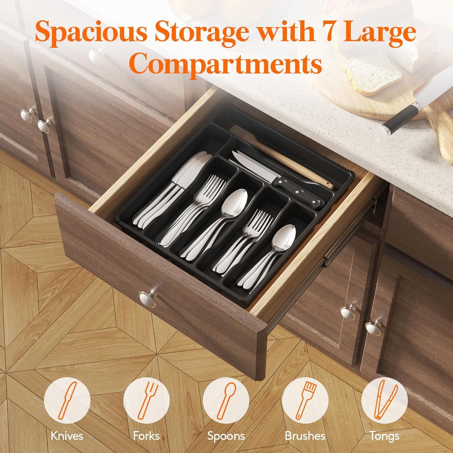 image:imageLifewit Silverware Drawer Organizer Tray Plastic Cutlery Storage for Kitchen Flatware and Utensil Holder Divider for Spoons Forks Knives Tableware 123 x 16 7 Slots BlackBlack