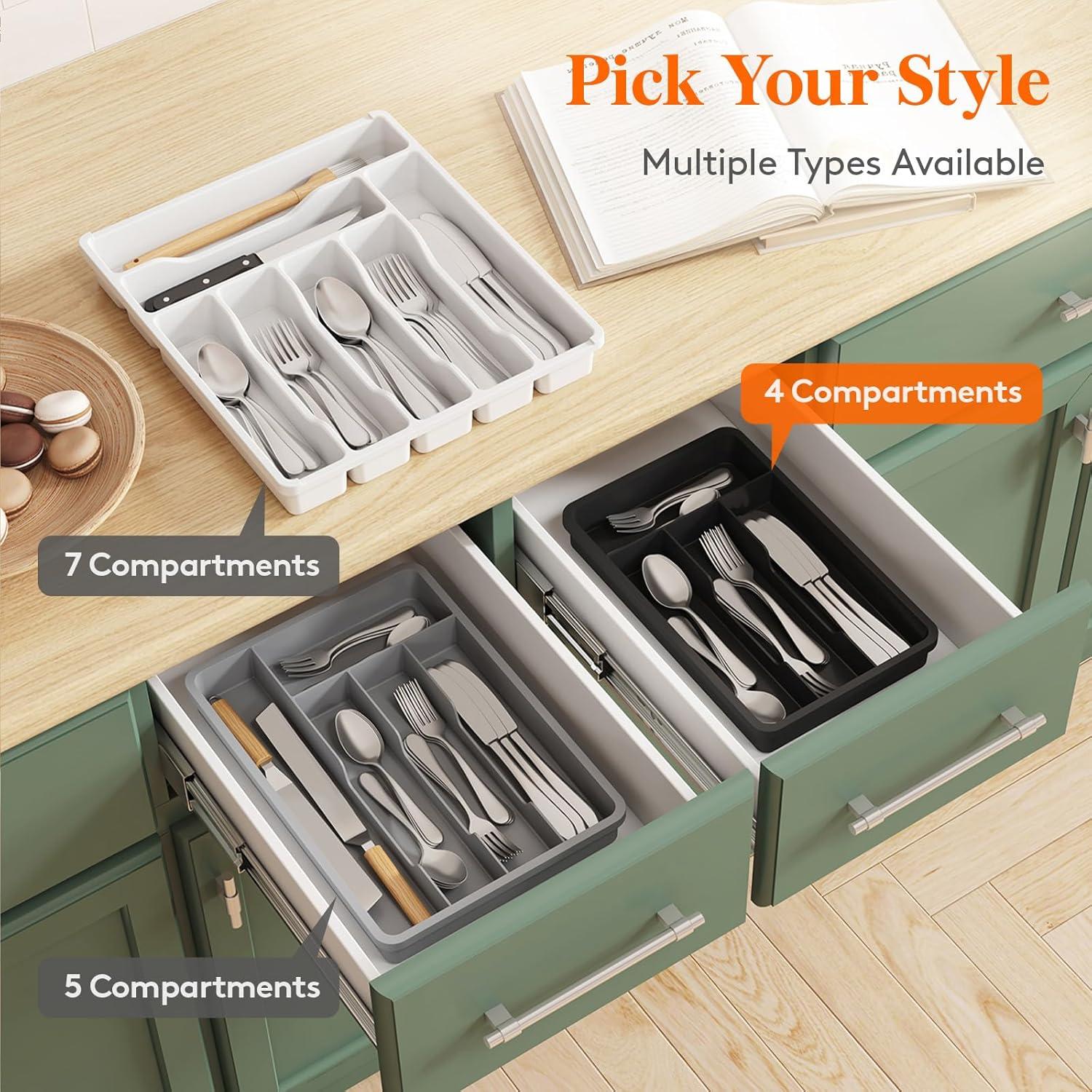 image:imageLifewit Silverware Drawer Organizer Tray Plastic Cutlery Storage for Kitchen Flatware and Utensil Holder Divider for Spoons Forks Knives Tableware 123 x 16 7 Slots BlackGray