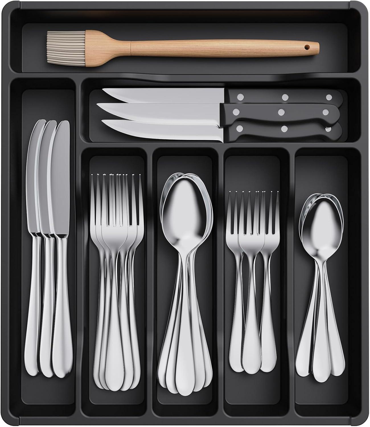 image:imageLifewit Silverware Drawer Organizer Tray Plastic Cutlery Storage for Kitchen Flatware and Utensil Holder Divider for Spoons Forks Knives Tableware 123 x 16 7 Slots BlackBlack