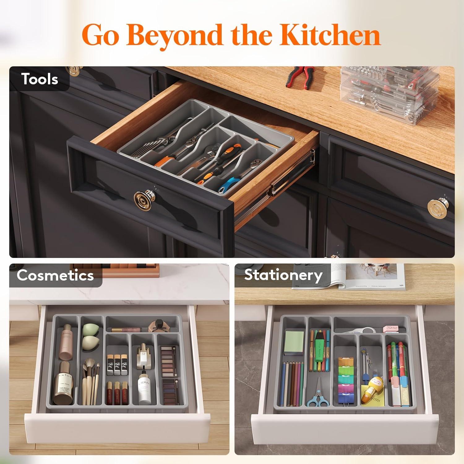 image:imageLifewit Silverware Drawer Organizer Tray Plastic Cutlery Storage for Kitchen Flatware and Utensil Holder Divider for Spoons Forks Knives Tableware 123 x 16 7 Slots BlackGray