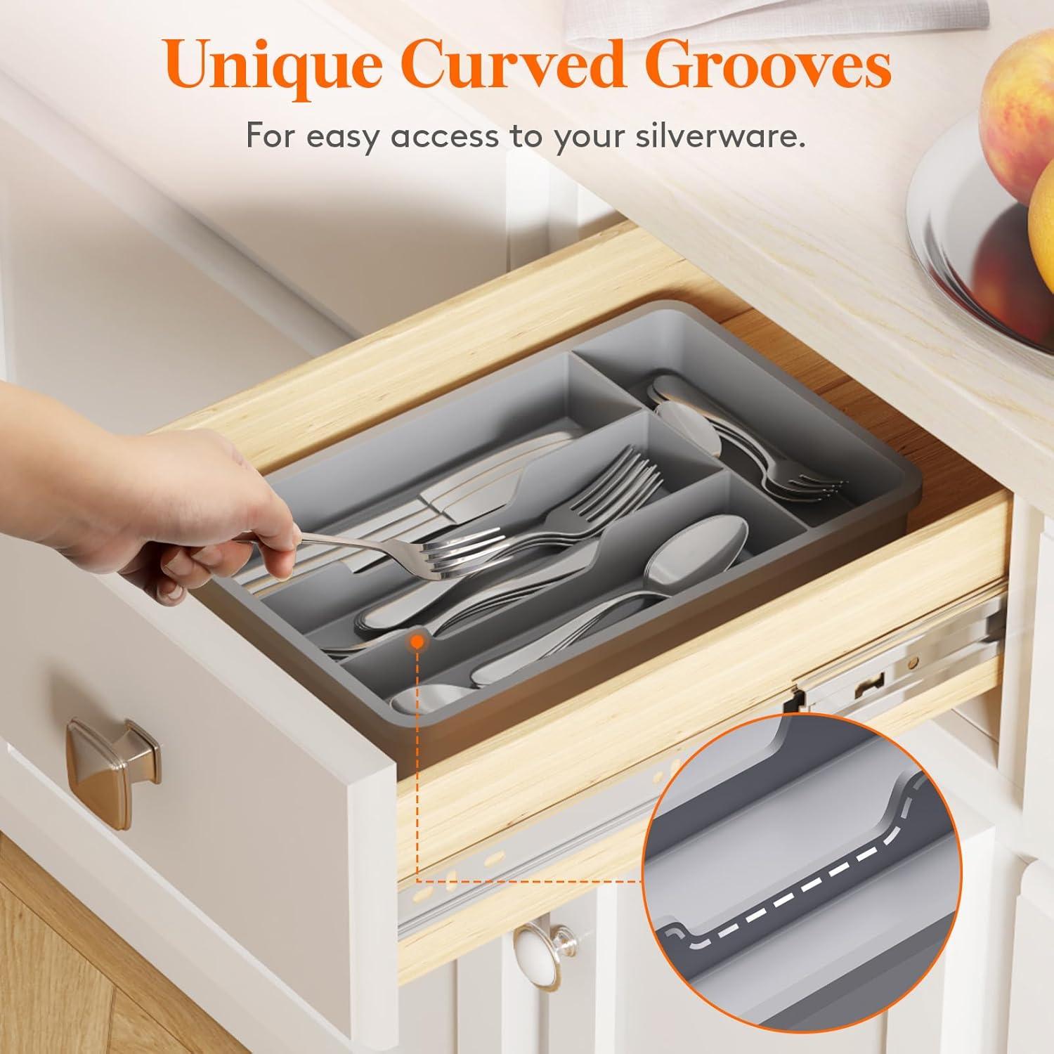 image:imageLifewit Silverware Drawer Organizer Tray Plastic Cutlery Storage for Kitchen Flatware and Utensil Holder Divider for Spoons Forks Knives Tableware 123 x 16 7 Slots BlackGray