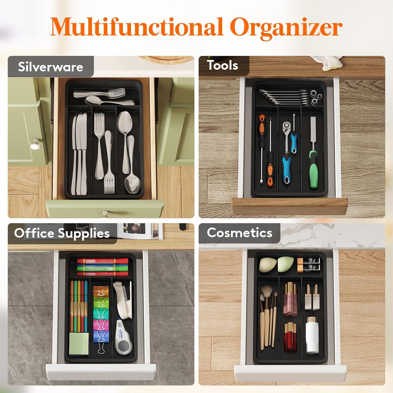 image:imageLifewit Silverware Drawer Organizer Tray Plastic Cutlery Storage for Kitchen Flatware and Utensil Holder Divider for Spoons Forks Knives Tableware 123 x 16 7 Slots BlackBlack