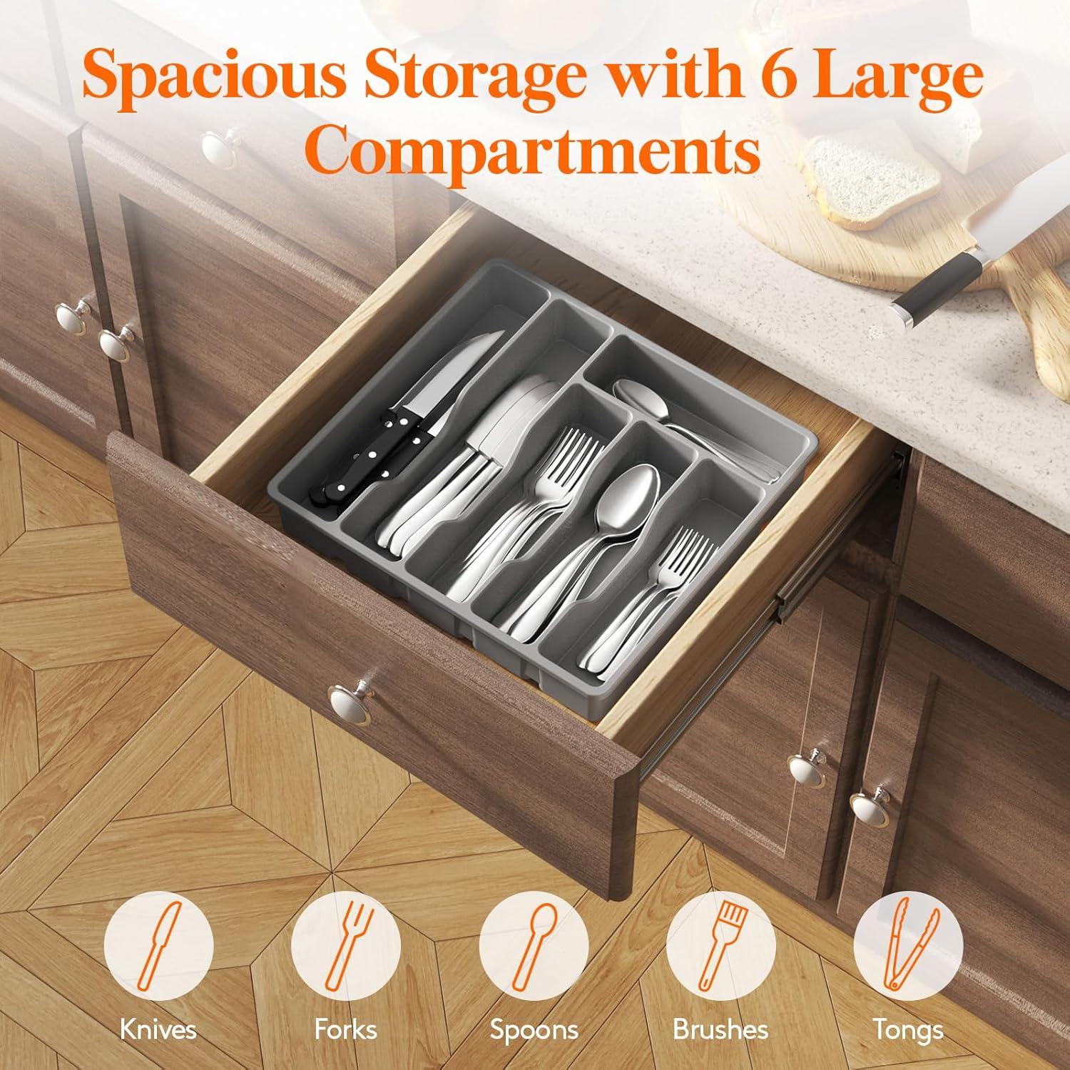 image:imageLifewit Silverware Drawer Organizer Tray Plastic Cutlery Storage for Kitchen Flatware and Utensil Holder Divider for Spoons Forks Knives Tableware 123 x 16 7 Slots BlackGray