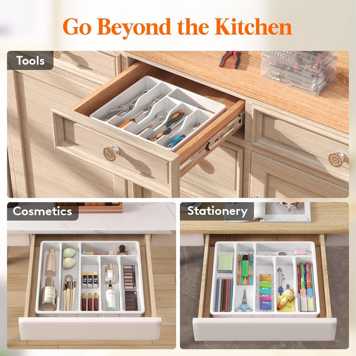 image:imageLifewit Silverware Drawer Organizer Tray Plastic Cutlery Storage for Kitchen Flatware and Utensil Holder Divider for Spoons Forks Knives Tableware 123 x 16 7 Slots BlackWhite