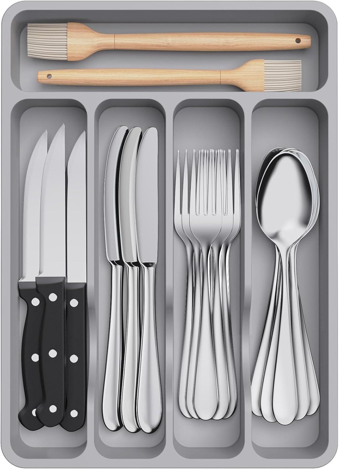 image:imageLifewit Silverware Drawer Organizer Tray Plastic Cutlery Storage for Kitchen Flatware and Utensil Holder Divider for Spoons Forks Knives Tableware 123 x 16 7 Slots BlackGray