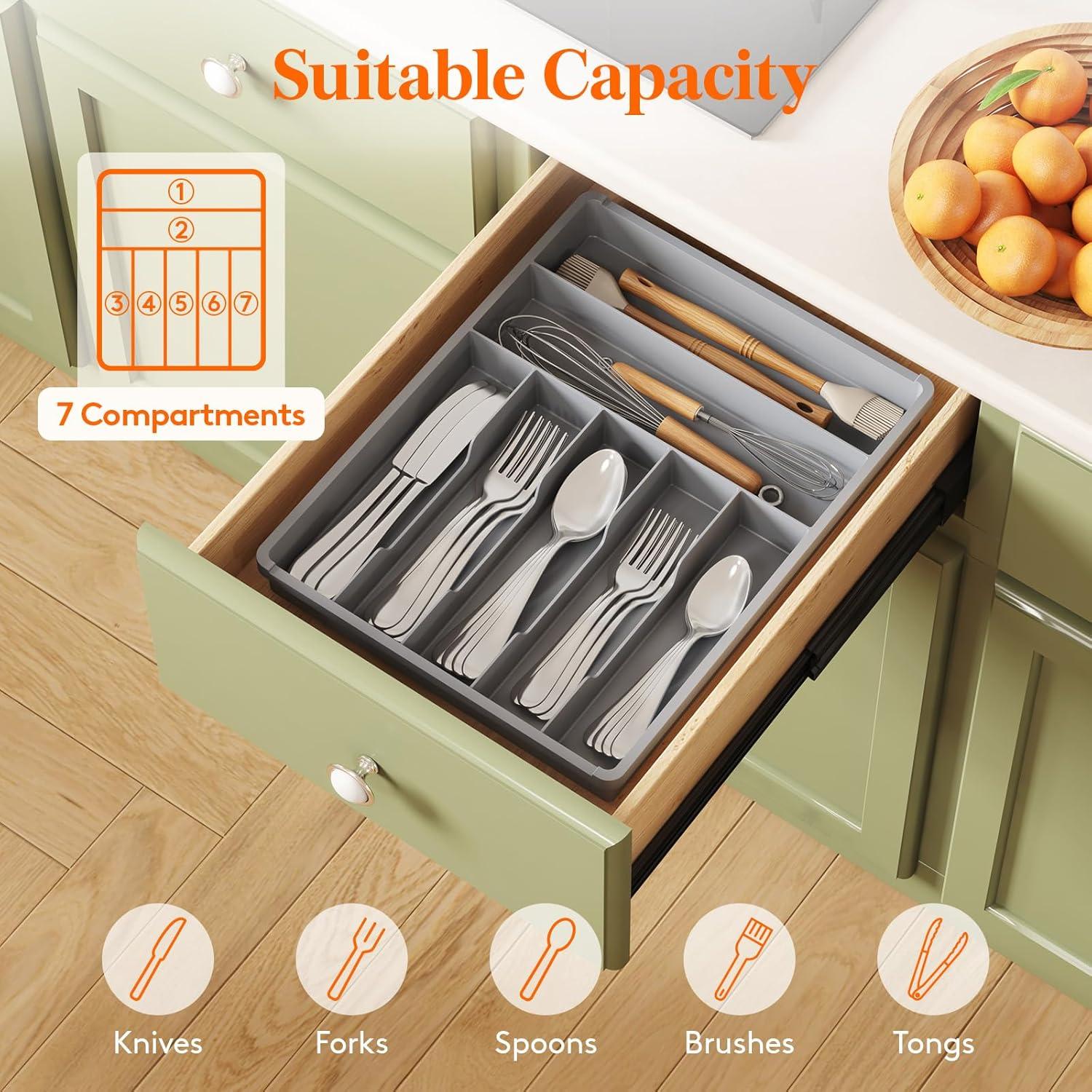 image:imageLifewit Silverware Drawer Organizer Tray Plastic Cutlery Storage for Kitchen Flatware and Utensil Holder Divider for Spoons Forks Knives Tableware 123 x 16 7 Slots BlackGray