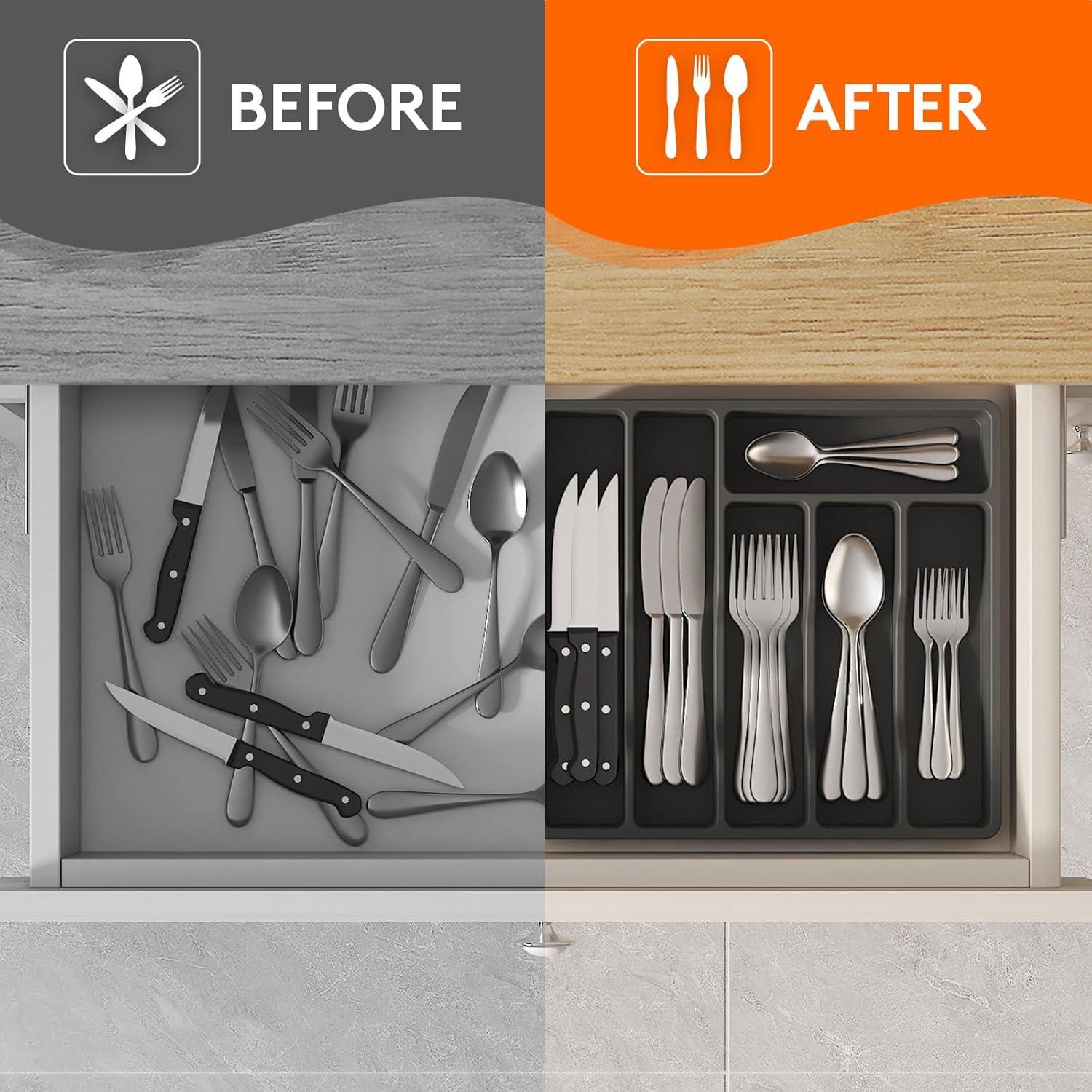 image:imageLifewit Silverware Drawer Organizer Tray Plastic Cutlery Storage for Kitchen Flatware and Utensil Holder Divider for Spoons Forks Knives Tableware 123 x 16 7 Slots BlackBlack