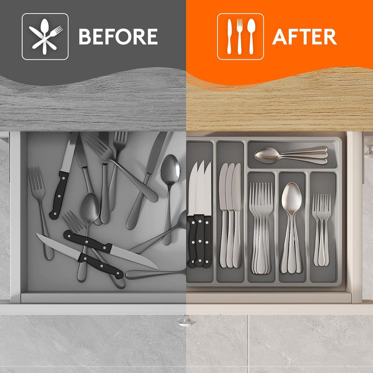 image:imageLifewit Silverware Drawer Organizer Tray Plastic Cutlery Storage for Kitchen Flatware and Utensil Holder Divider for Spoons Forks Knives Tableware 123 x 16 7 Slots BlackGray