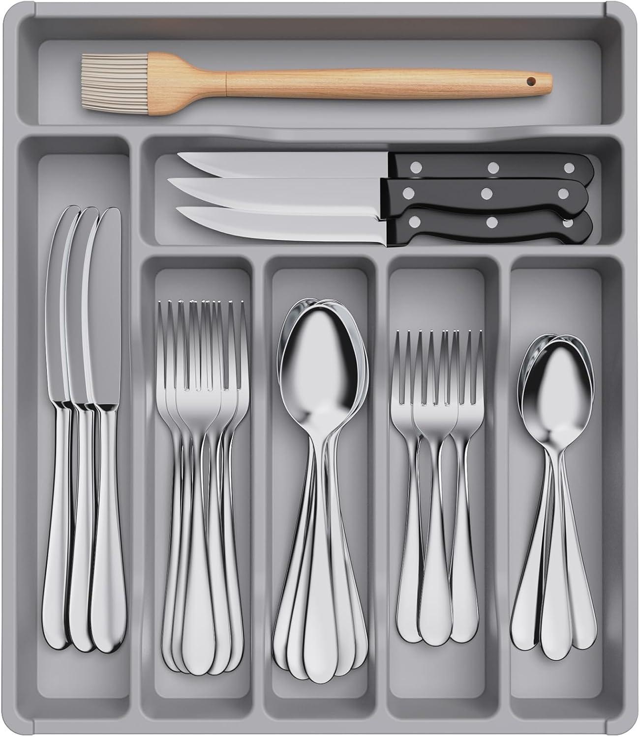 image:imageLifewit Silverware Drawer Organizer Tray Plastic Cutlery Storage for Kitchen Flatware and Utensil Holder Divider for Spoons Forks Knives Tableware 123 x 16 7 Slots BlackGray