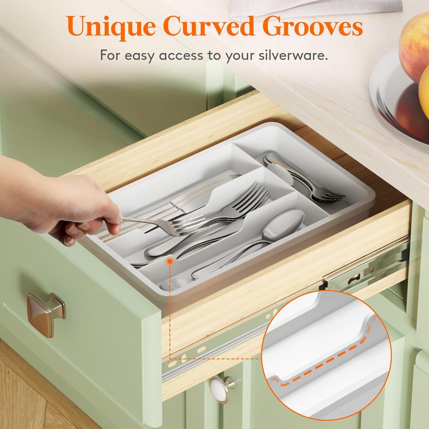 image:imageLifewit Silverware Drawer Organizer Tray Plastic Cutlery Storage for Kitchen Flatware and Utensil Holder Divider for Spoons Forks Knives Tableware 123 x 16 7 Slots BlackWhite