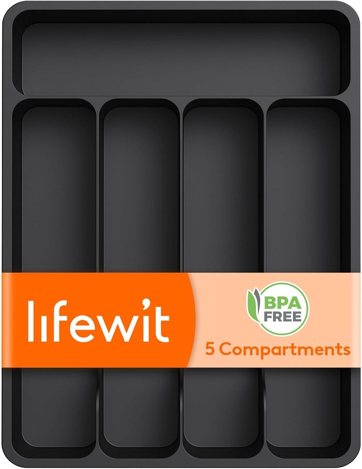 image:imageLifewit Silverware Drawer Organizer Tray Plastic Cutlery Storage for Kitchen Flatware and Utensil Holder Divider for Spoons Forks Knives Tableware 123 x 16 7 Slots BlackBlack