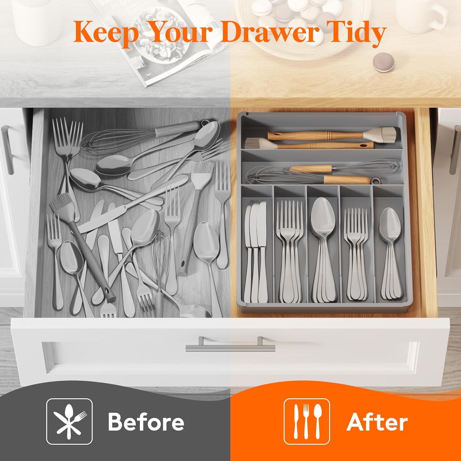 image:imageLifewit Silverware Drawer Organizer Tray Plastic Cutlery Storage for Kitchen Flatware and Utensil Holder Divider for Spoons Forks Knives Tableware 123 x 16 7 Slots BlackGray