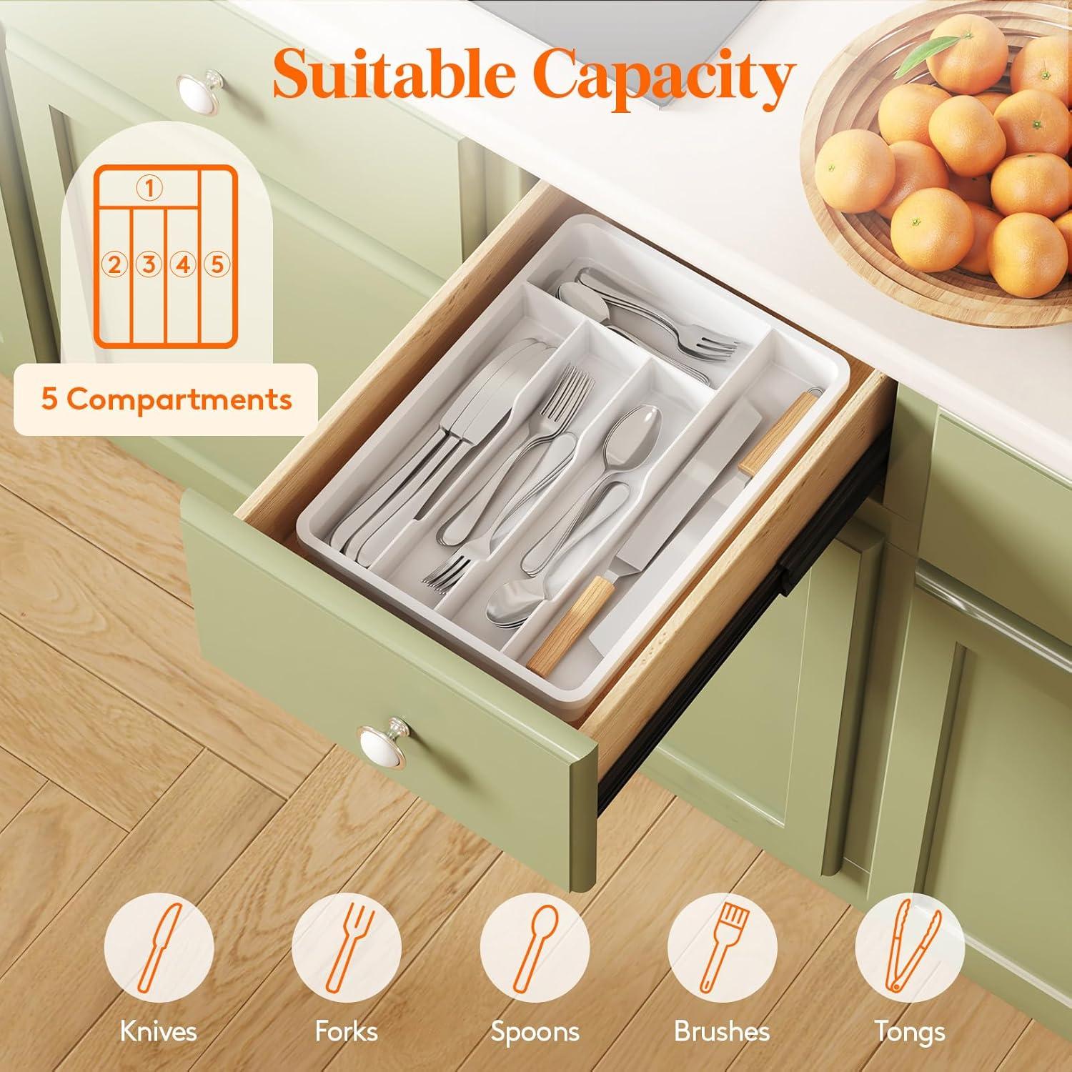 image:imageLifewit Silverware Drawer Organizer Tray Plastic Cutlery Storage for Kitchen Flatware and Utensil Holder Divider for Spoons Forks Knives Tableware 123 x 16 7 Slots BlackWhite