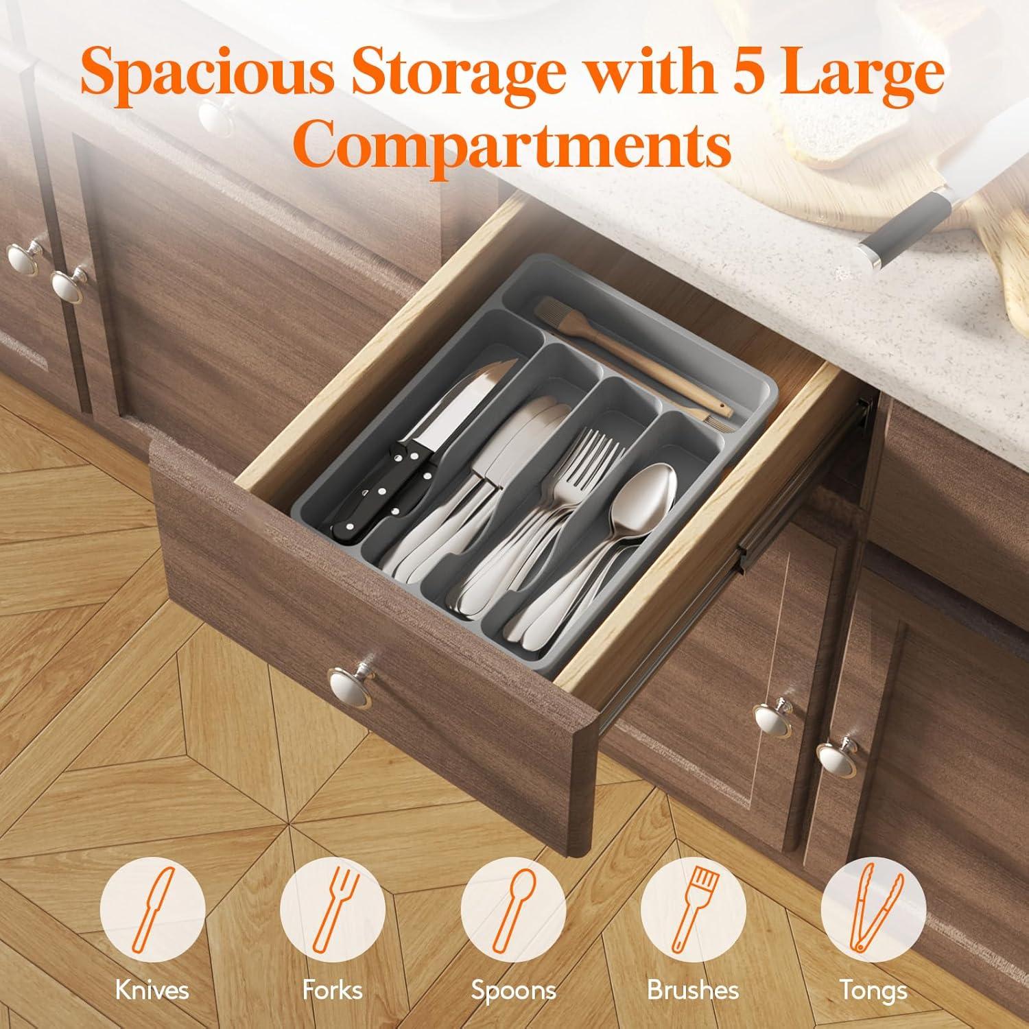 image:imageLifewit Silverware Drawer Organizer Tray Plastic Cutlery Storage for Kitchen Flatware and Utensil Holder Divider for Spoons Forks Knives Tableware 123 x 16 7 Slots BlackGray