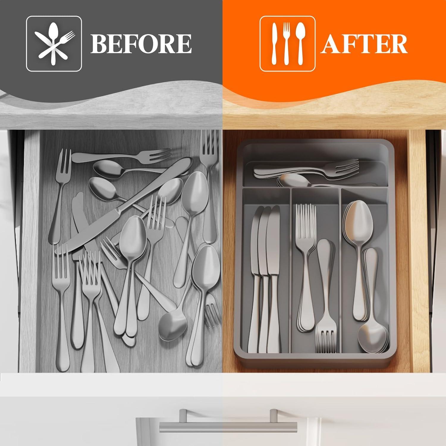 image:imageLifewit Silverware Drawer Organizer Tray Plastic Cutlery Storage for Kitchen Flatware and Utensil Holder Divider for Spoons Forks Knives Tableware 123 x 16 7 Slots BlackGray
