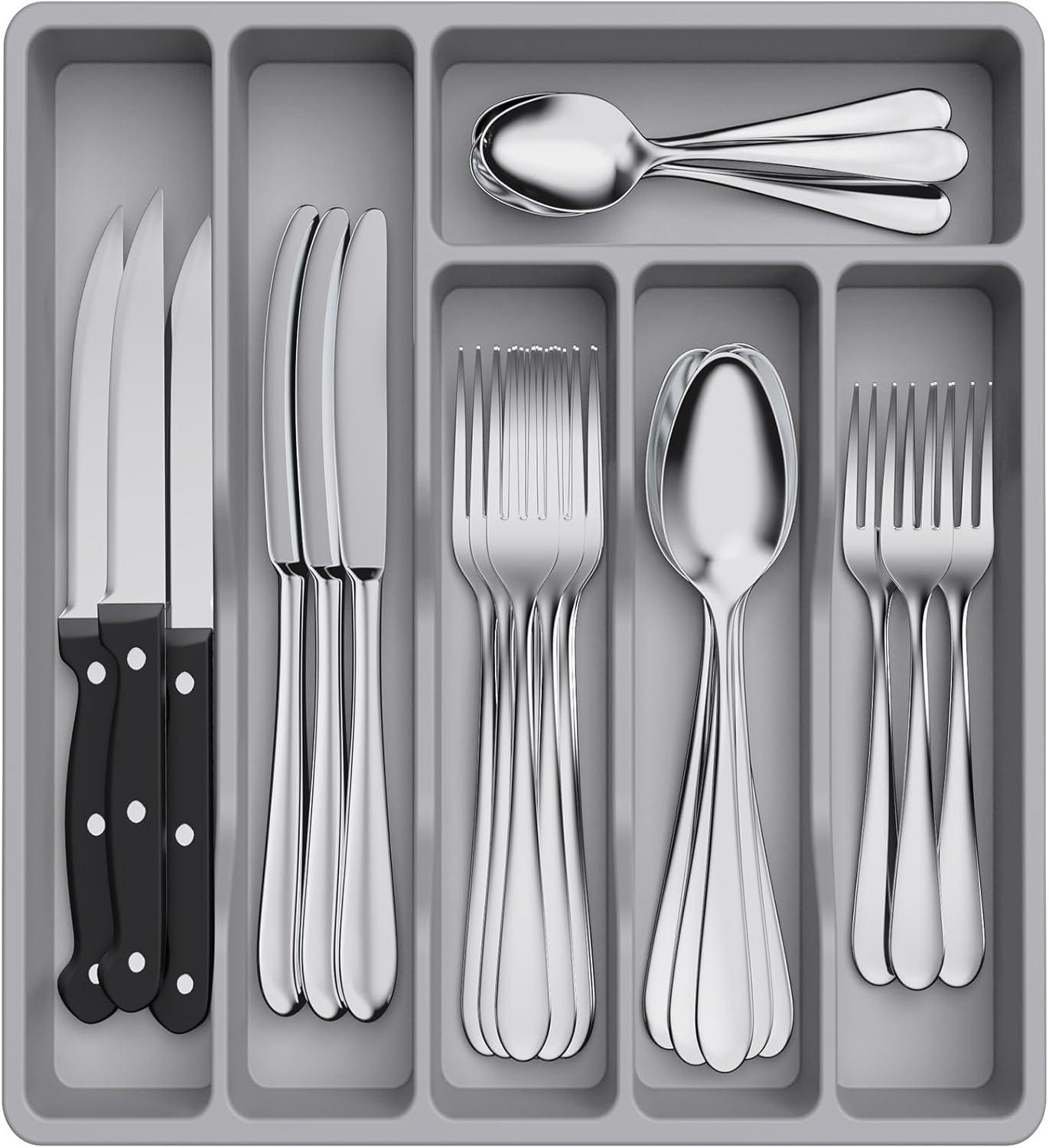 image:imageLifewit Silverware Drawer Organizer Tray Plastic Cutlery Storage for Kitchen Flatware and Utensil Holder Divider for Spoons Forks Knives Tableware 123 x 16 7 Slots BlackGray