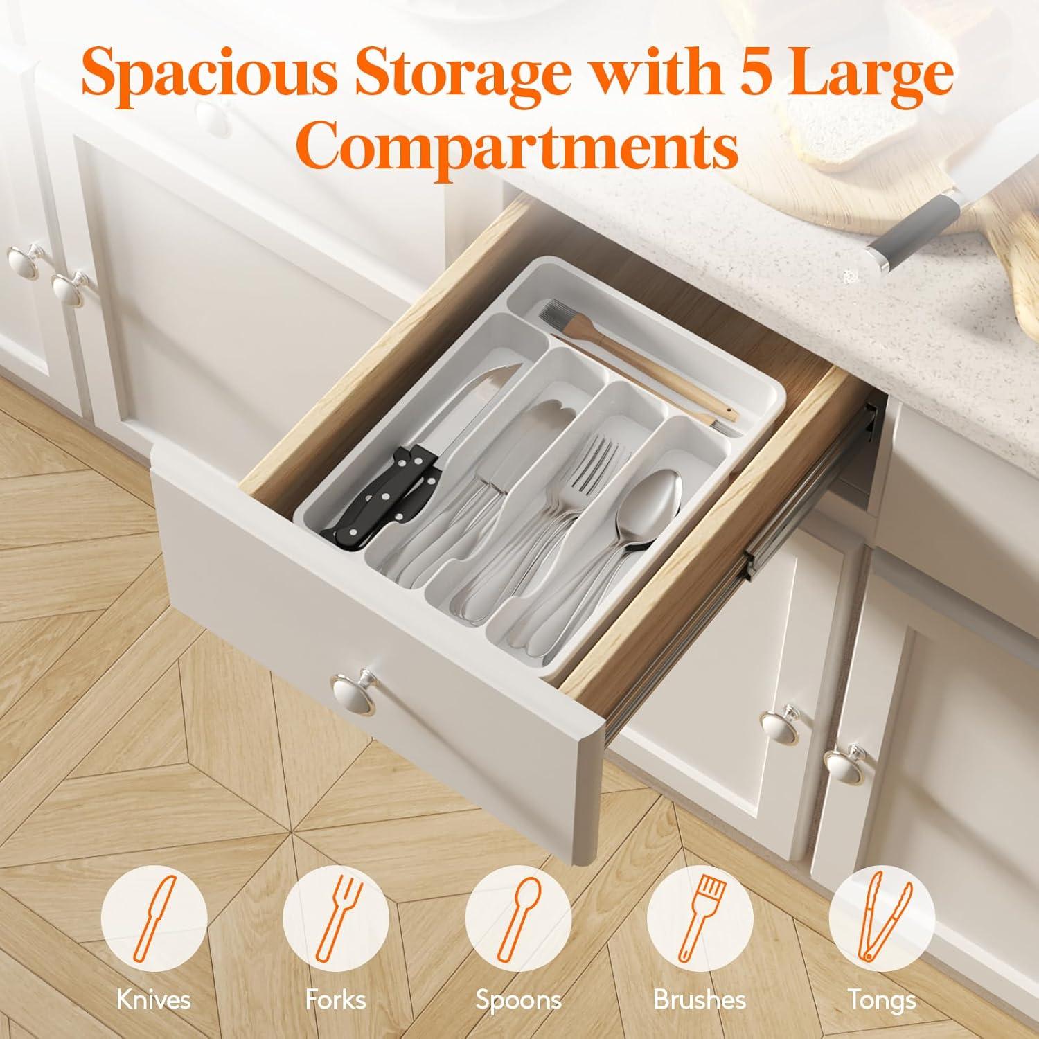 image:imageLifewit Silverware Drawer Organizer Tray Plastic Cutlery Storage for Kitchen Flatware and Utensil Holder Divider for Spoons Forks Knives Tableware 123 x 16 7 Slots BlackWhite