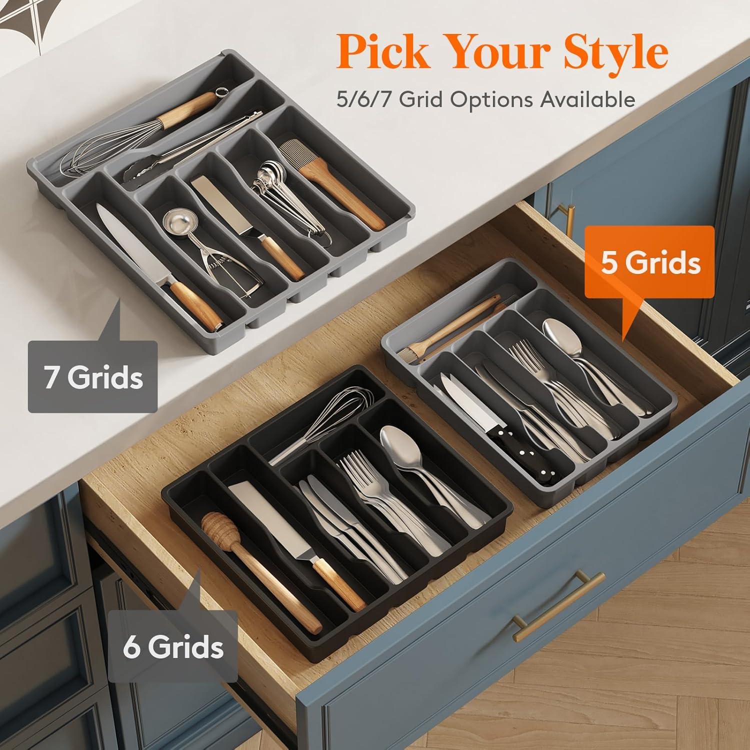 image:imageLifewit Silverware Drawer Organizer Tray Plastic Cutlery Storage for Kitchen Flatware and Utensil Holder Divider for Spoons Forks Knives Tableware 123 x 16 7 Slots BlackGray