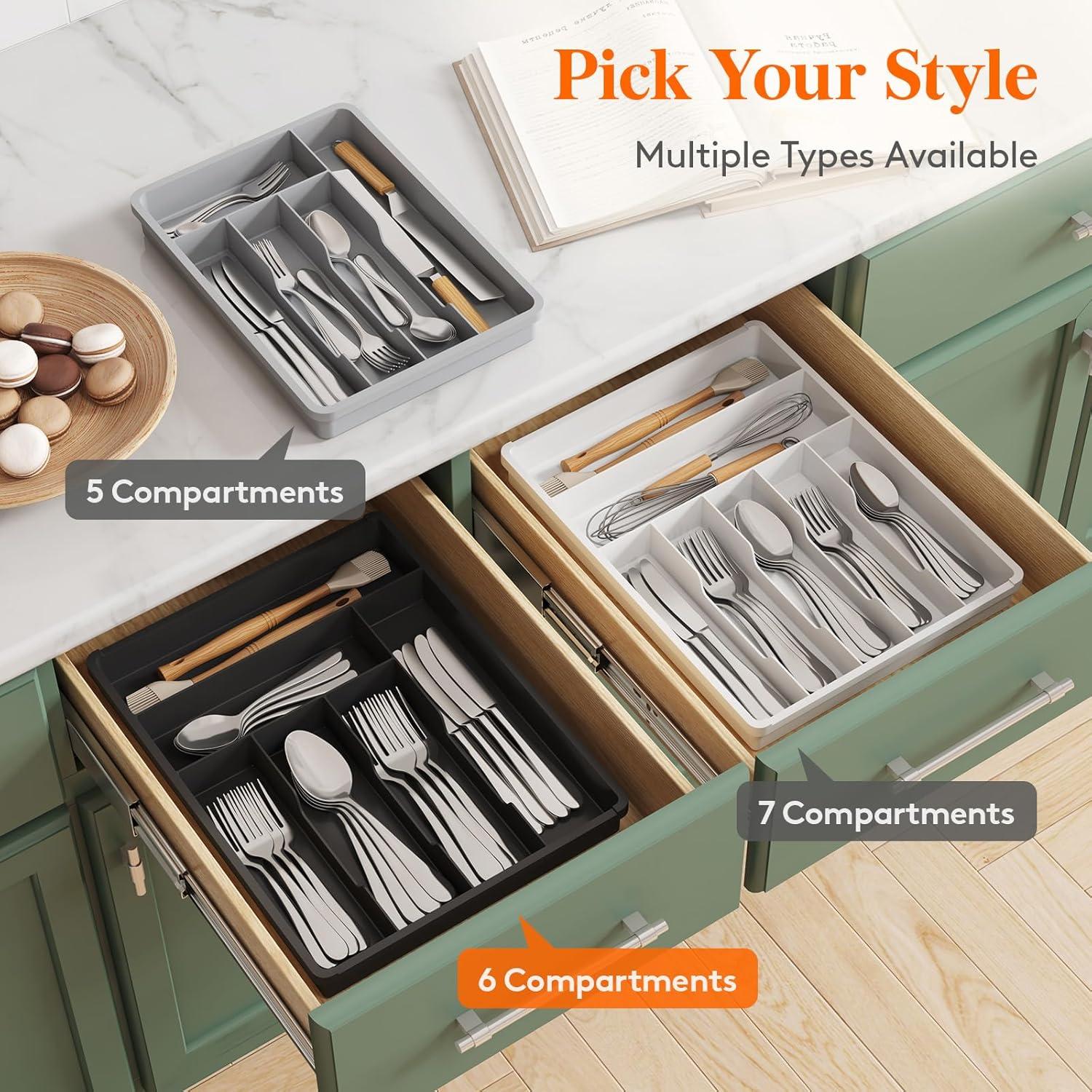 image:imageLifewit Silverware Drawer Organizer Tray Plastic Cutlery Storage for Kitchen Flatware and Utensil Holder Divider for Spoons Forks Knives Tableware 123 x 16 7 Slots BlackWhite