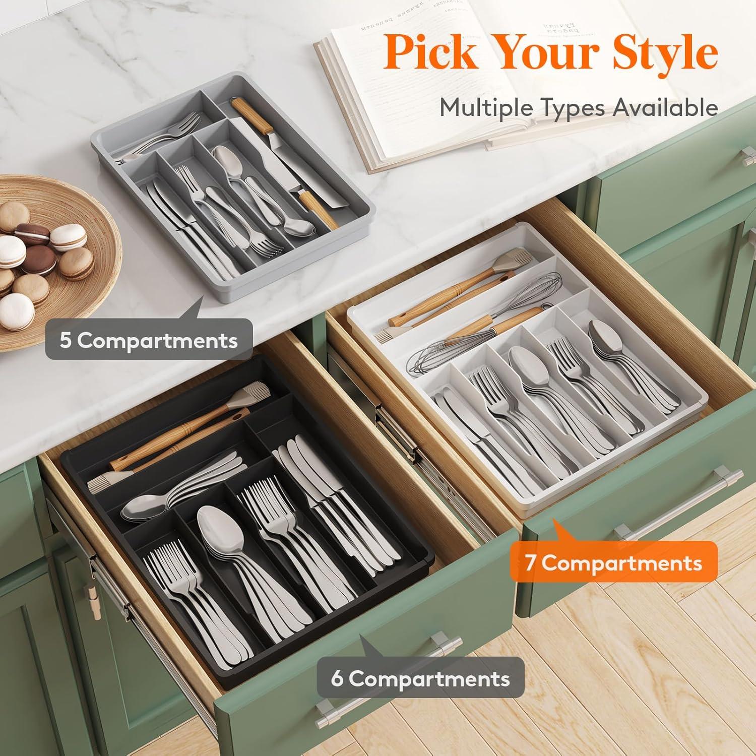 image:imageLifewit Silverware Drawer Organizer Tray Plastic Cutlery Storage for Kitchen Flatware and Utensil Holder Divider for Spoons Forks Knives Tableware 123 x 16 7 Slots BlackBlack