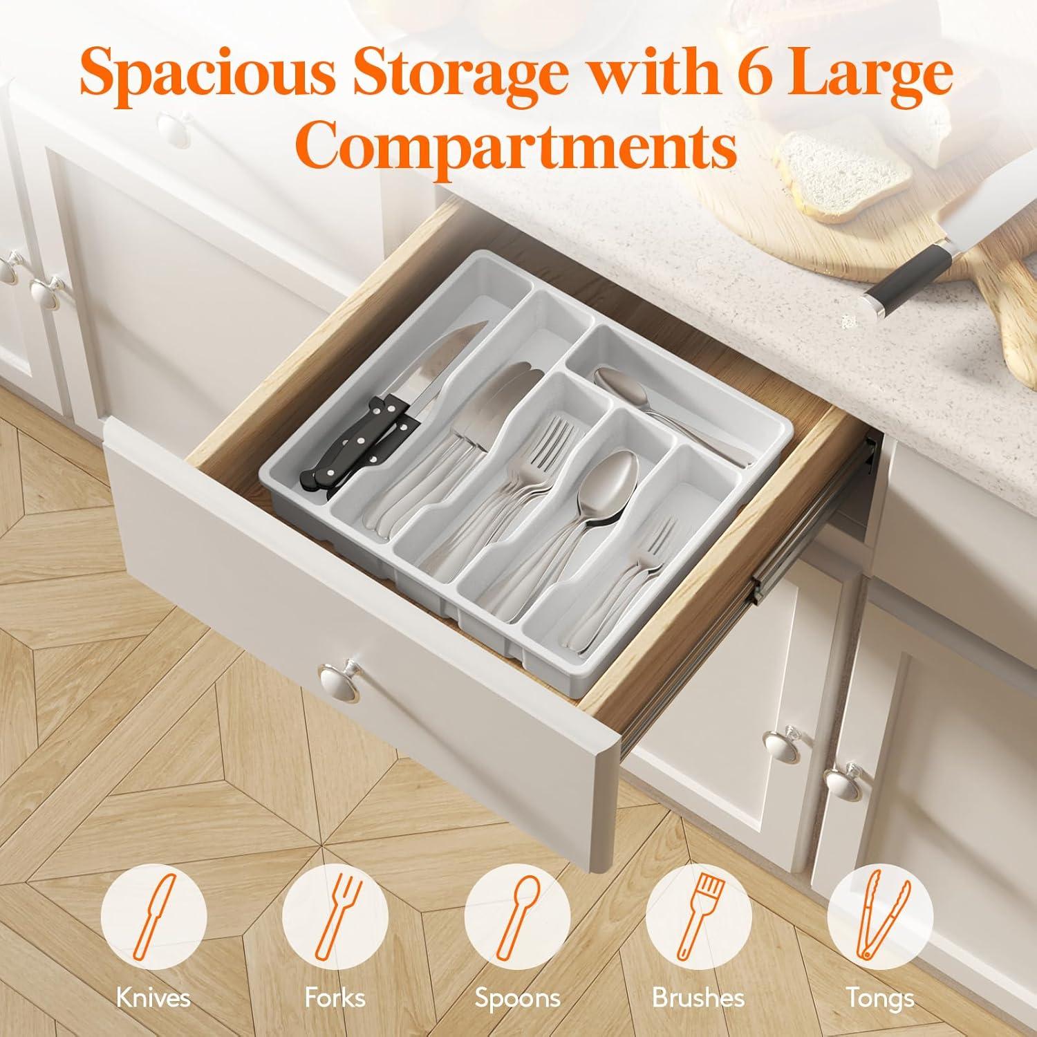 image:imageLifewit Silverware Drawer Organizer Tray Plastic Cutlery Storage for Kitchen Flatware and Utensil Holder Divider for Spoons Forks Knives Tableware 123 x 16 7 Slots BlackWhite