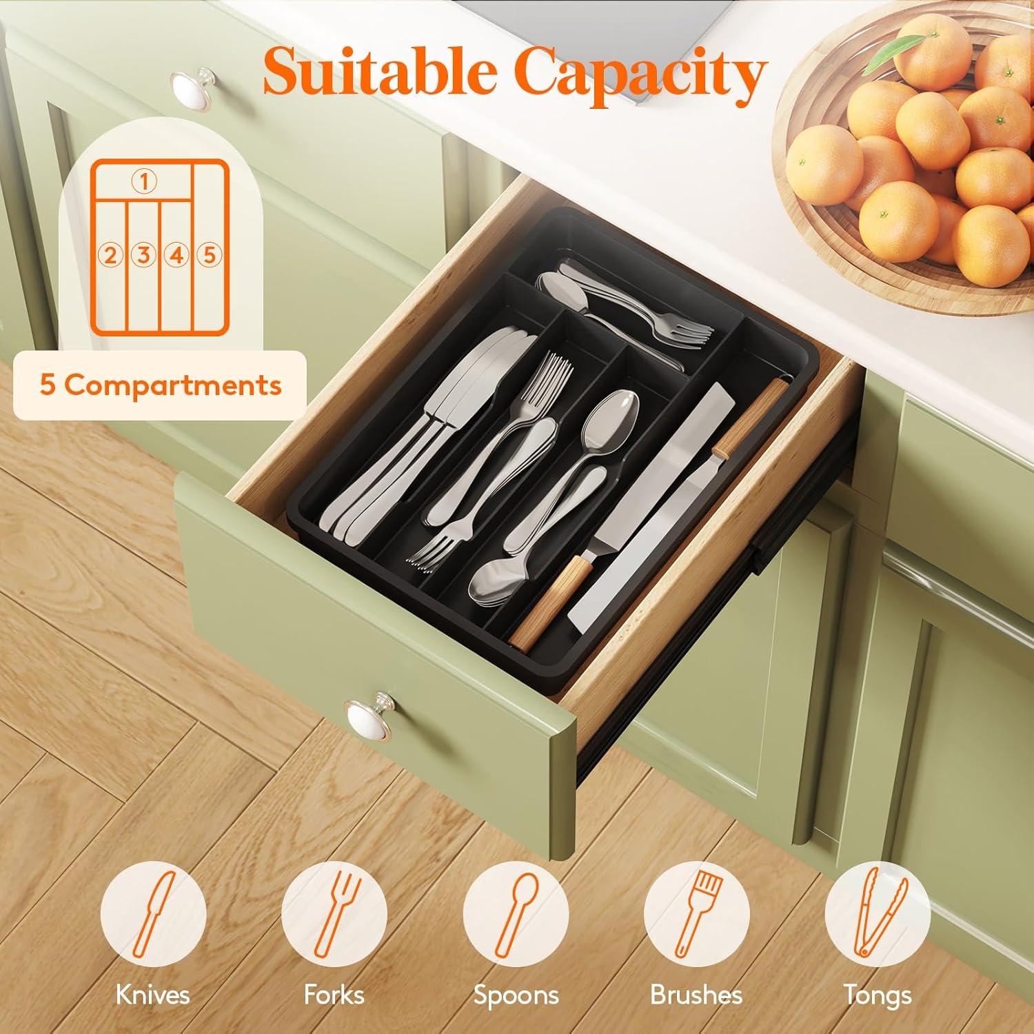 image:imageLifewit Silverware Drawer Organizer Tray Plastic Cutlery Storage for Kitchen Flatware and Utensil Holder Divider for Spoons Forks Knives Tableware 123 x 16 7 Slots BlackBlack