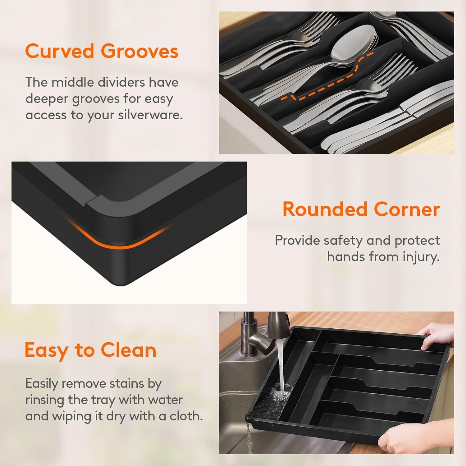 image:imageLifewit Silverware Drawer Organizer Tray Plastic Cutlery Storage for Kitchen Flatware and Utensil Holder Divider for Spoons Forks Knives Tableware 123 x 16 7 Slots BlackBlack