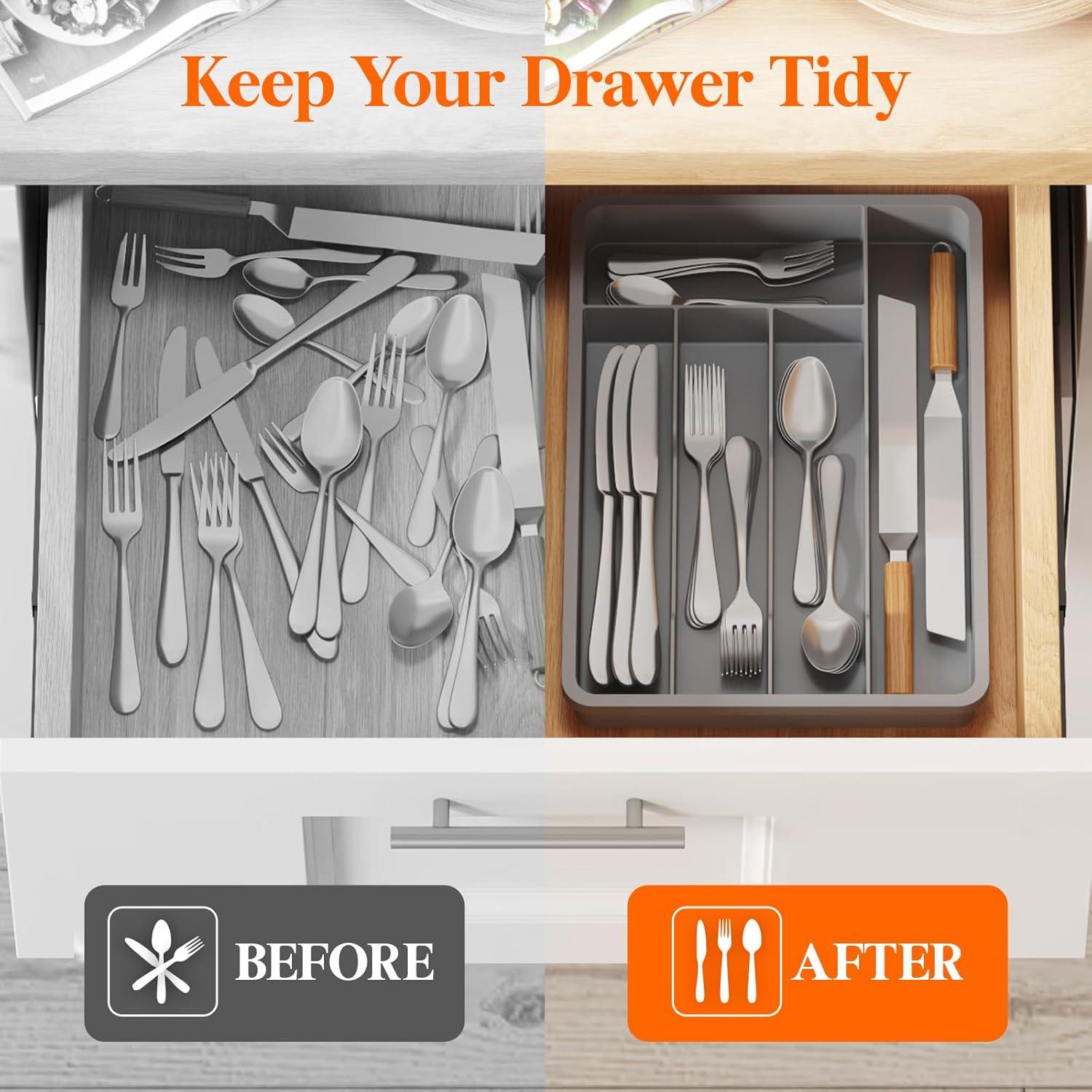 image:imageLifewit Silverware Drawer Organizer Tray Plastic Cutlery Storage for Kitchen Flatware and Utensil Holder Divider for Spoons Forks Knives Tableware 123 x 16 7 Slots BlackGray