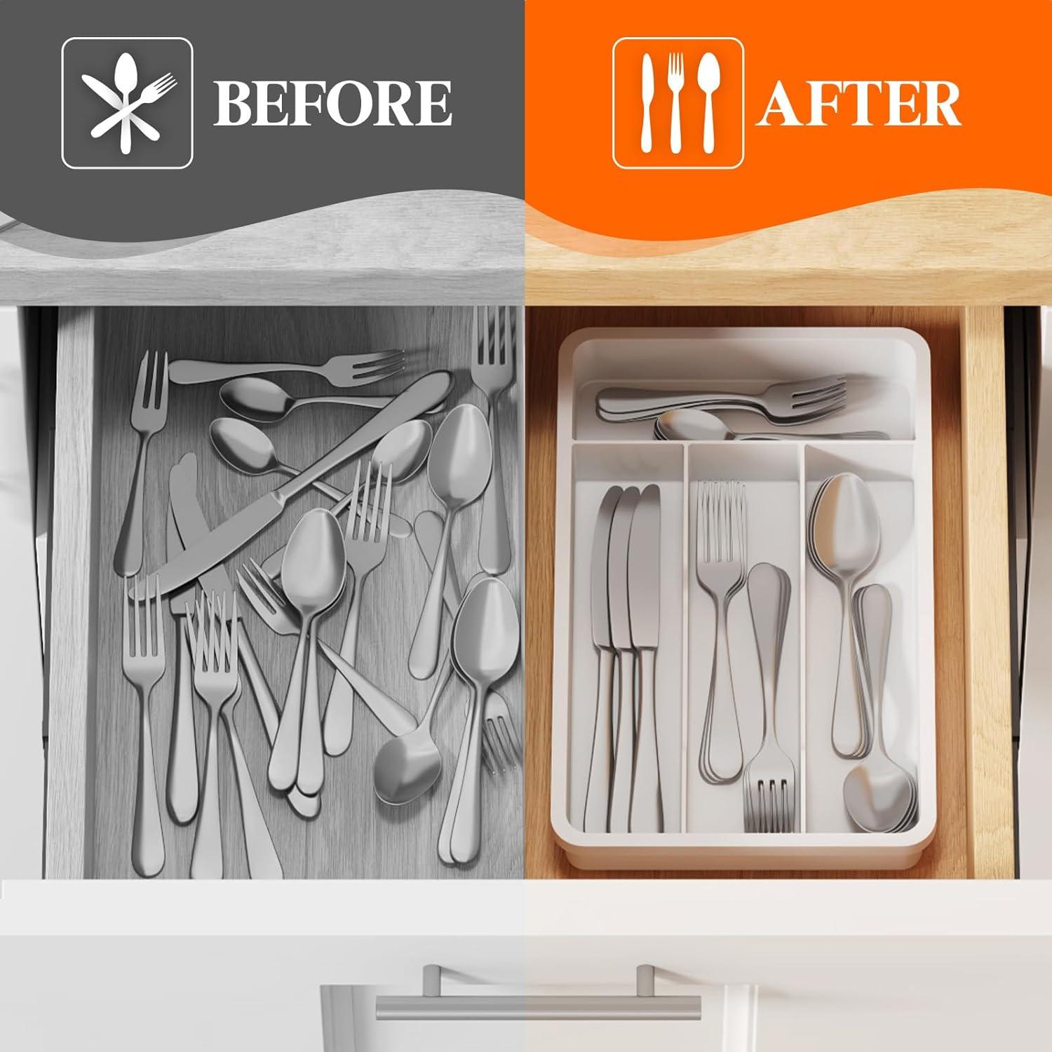 image:imageLifewit Silverware Drawer Organizer Tray Plastic Cutlery Storage for Kitchen Flatware and Utensil Holder Divider for Spoons Forks Knives Tableware 123 x 16 7 Slots BlackWhite